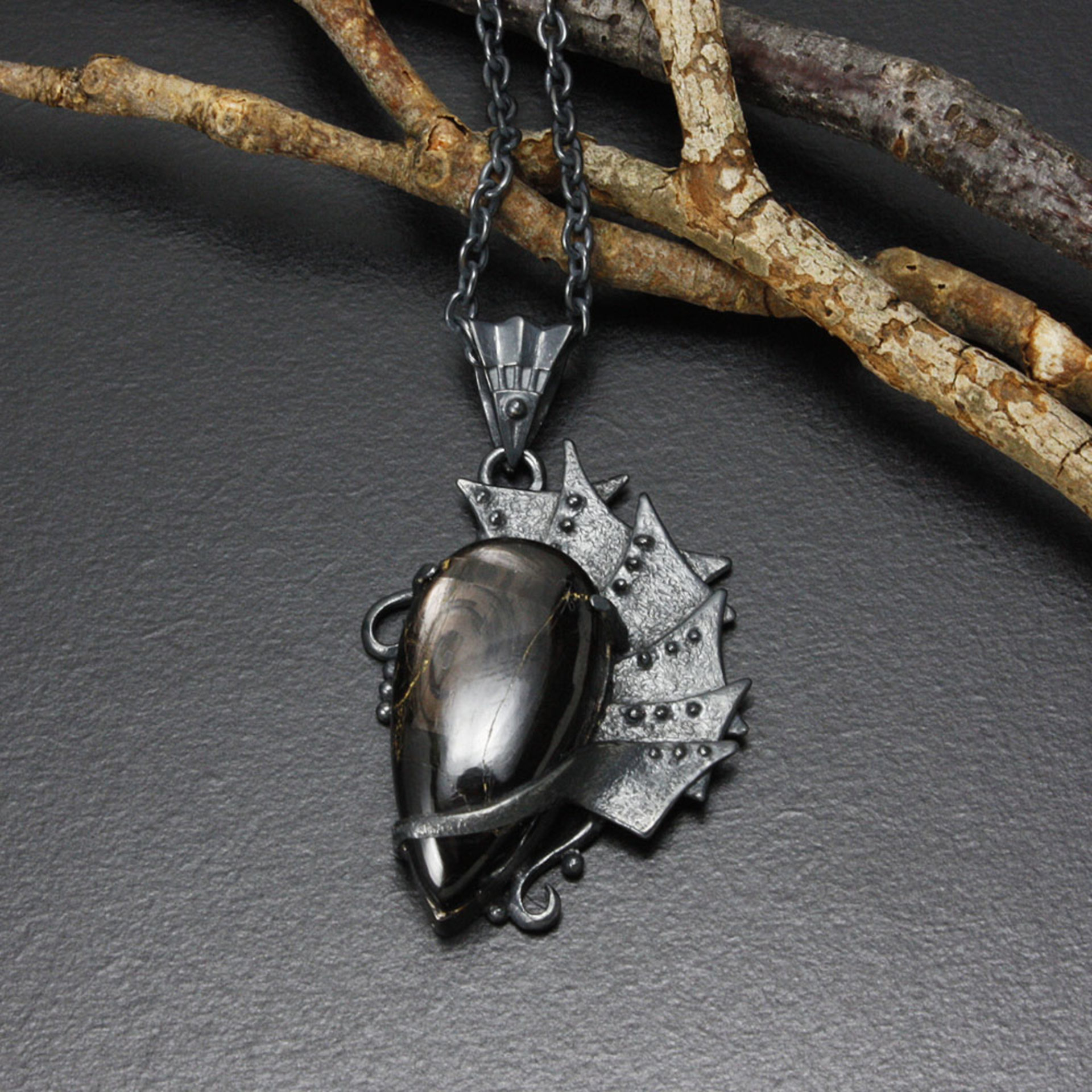 Hypersthene oxidized silver Goth pendant necklace, steampunk necklace