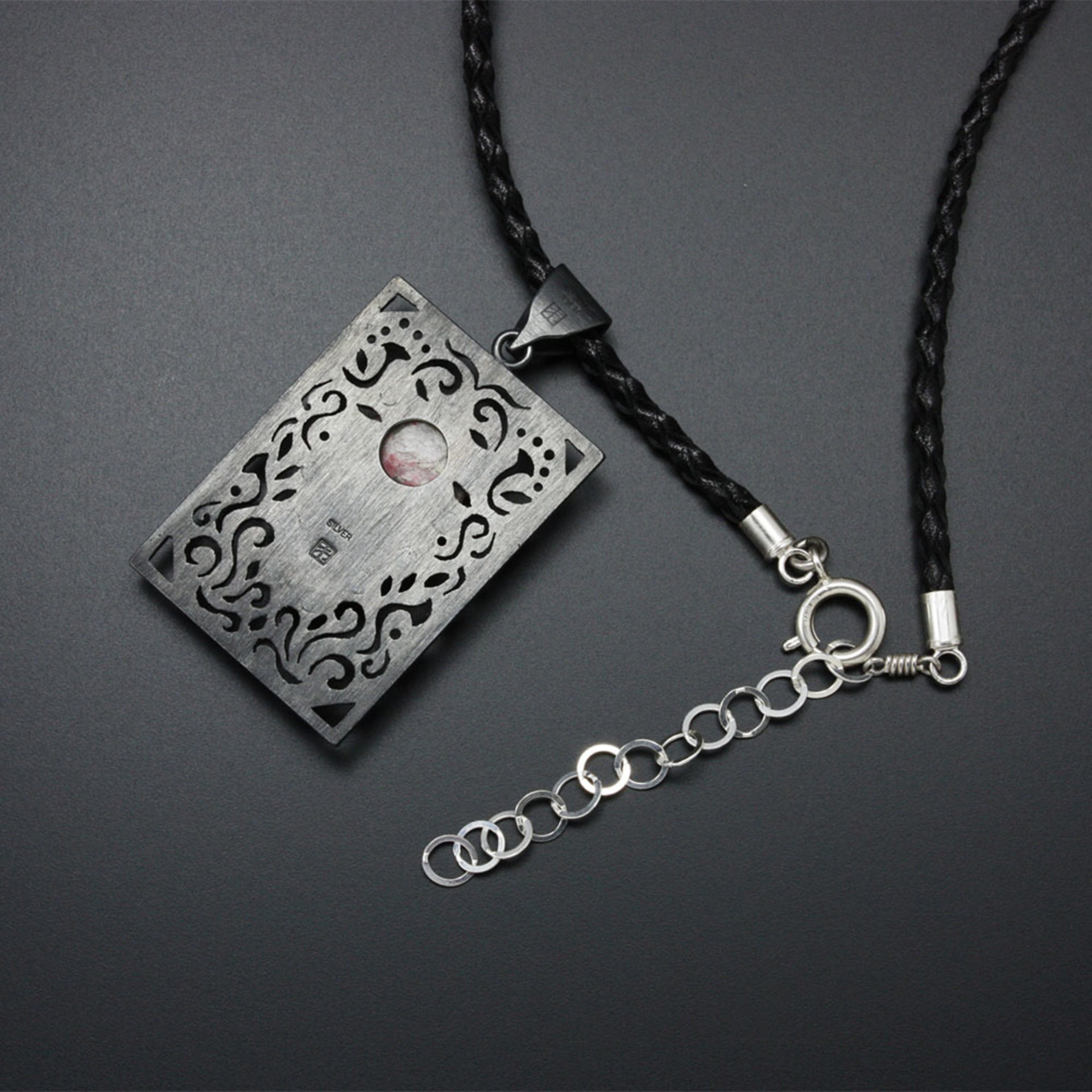 Openwork oxidized silver pendant necklace with Thulite