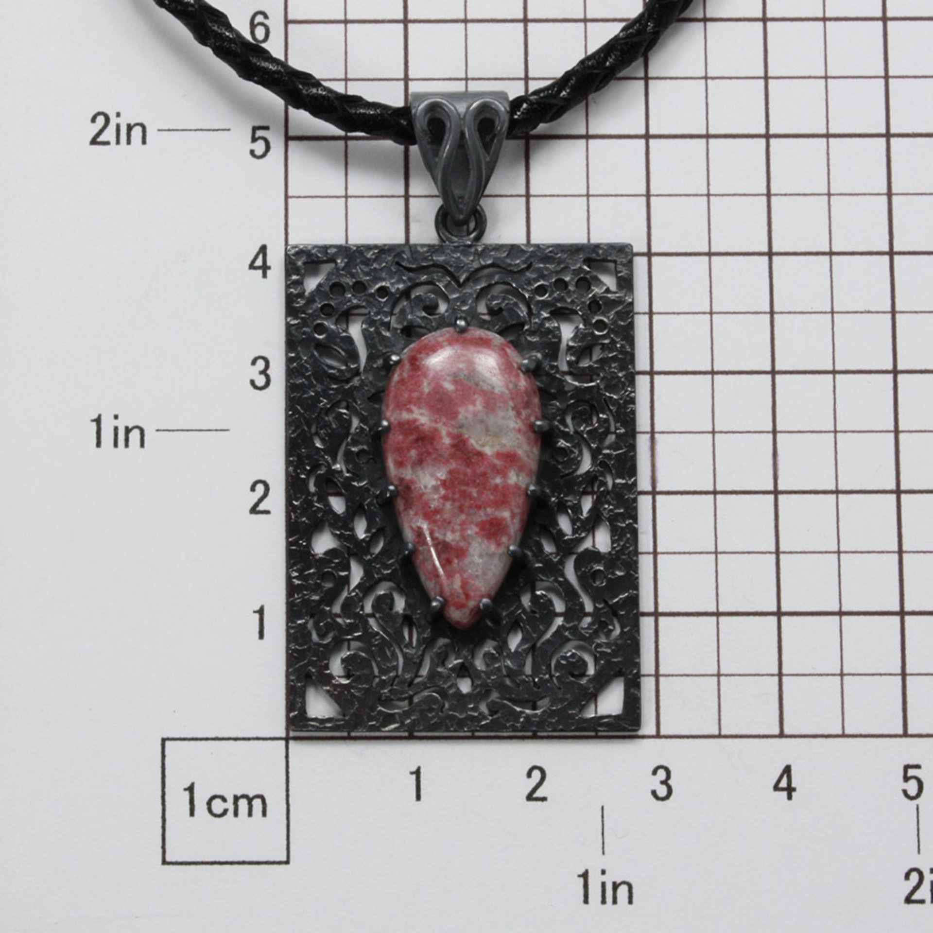 Openwork oxidized silver pendant necklace with Thulite