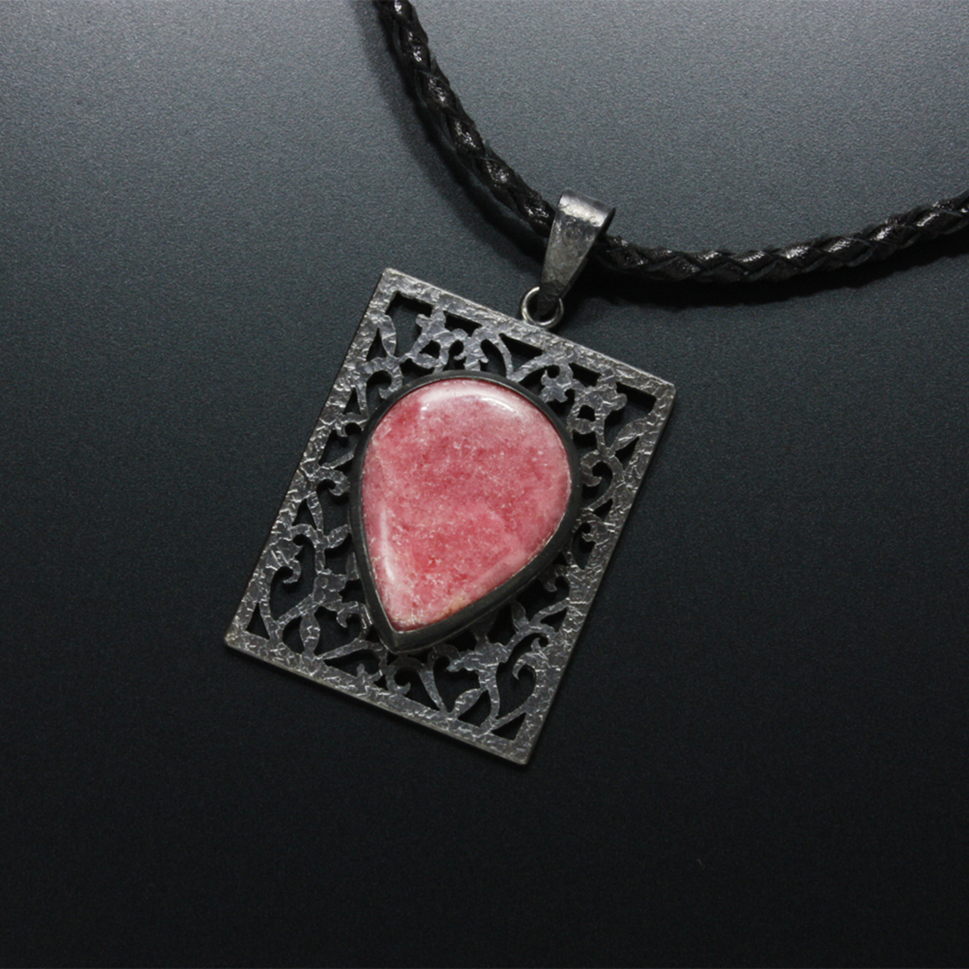 Rhodonite oxidized silver open work pendant necklace