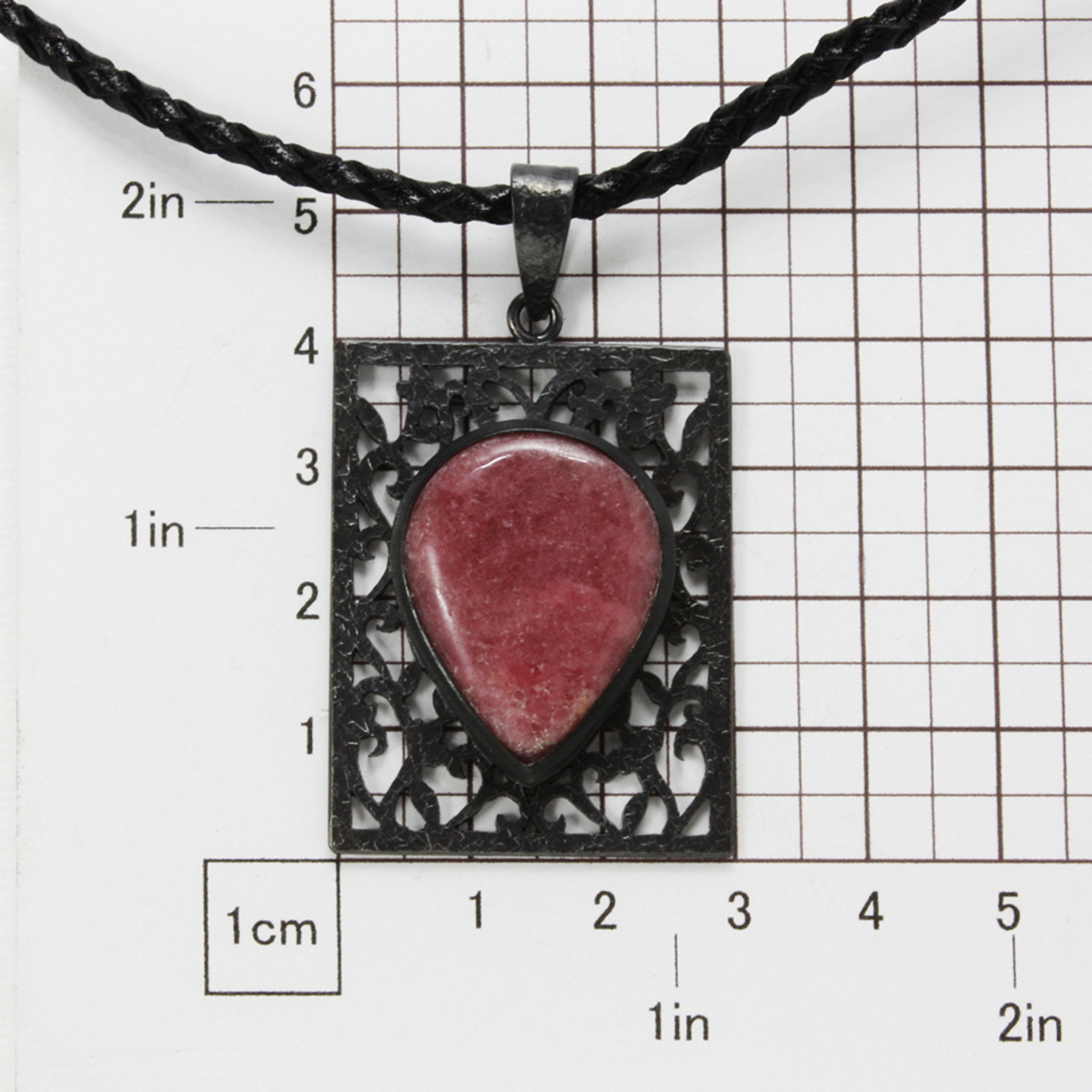 Rhodonite oxidized silver open work pendant necklace
