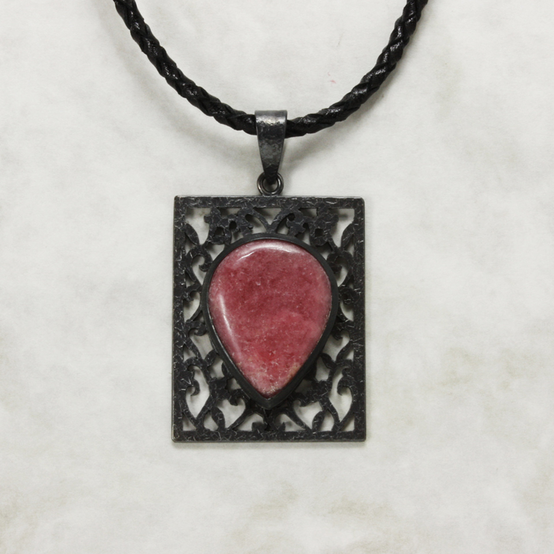 Rhodonite oxidized silver open work pendant necklace