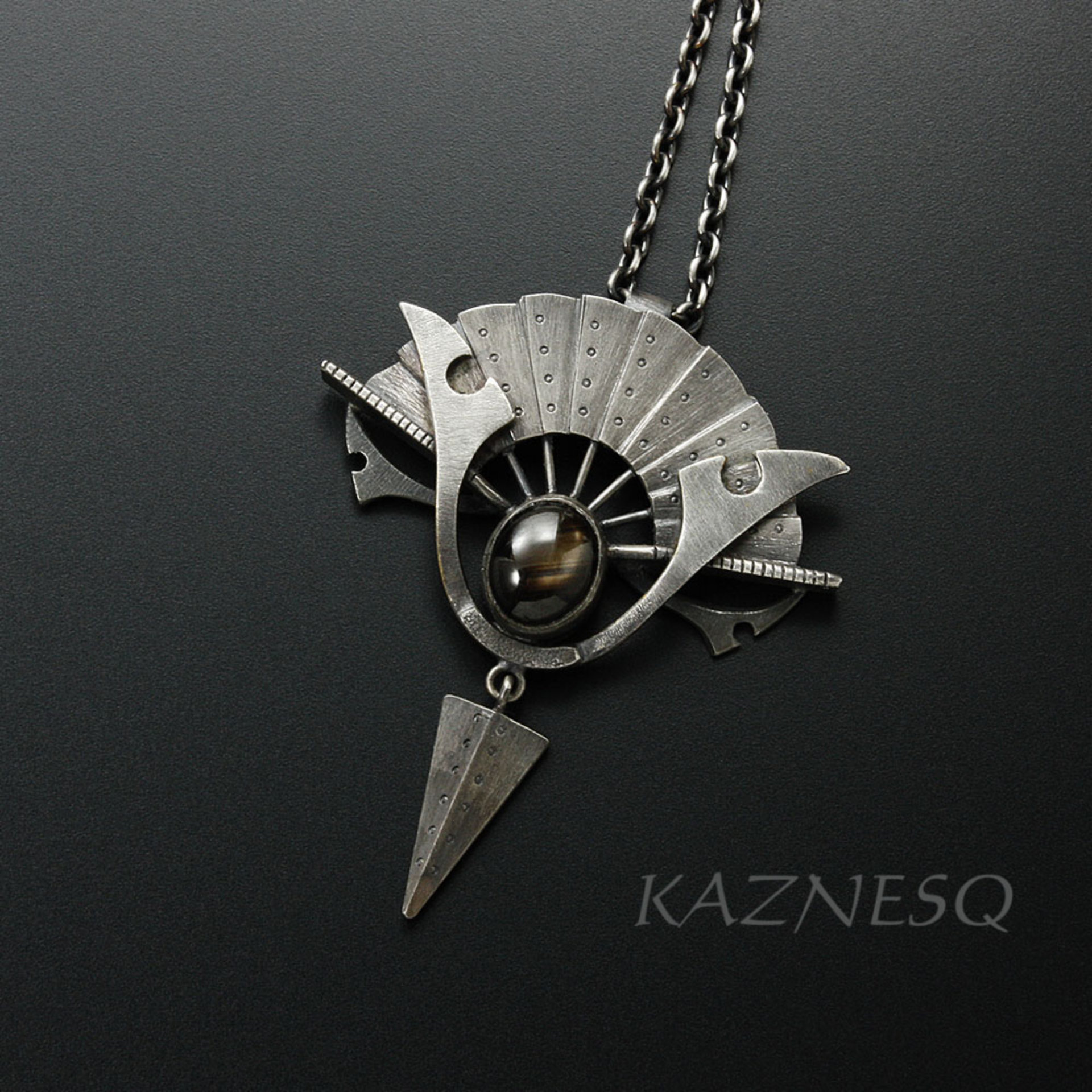 Black star sapphire steampunk fan motif oxidized silver pendant necklace