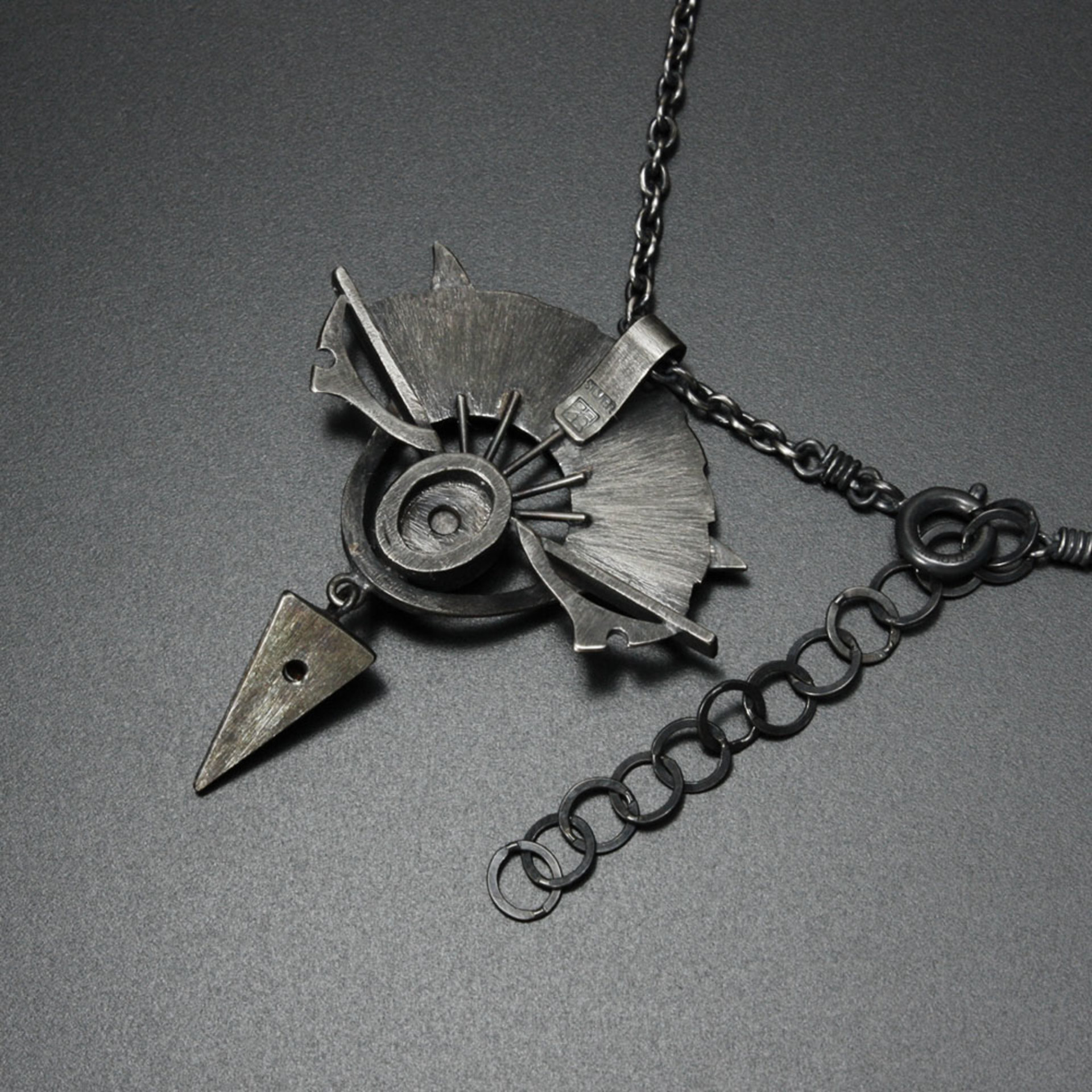 Black star sapphire steampunk fan motif oxidized silver pendant necklace