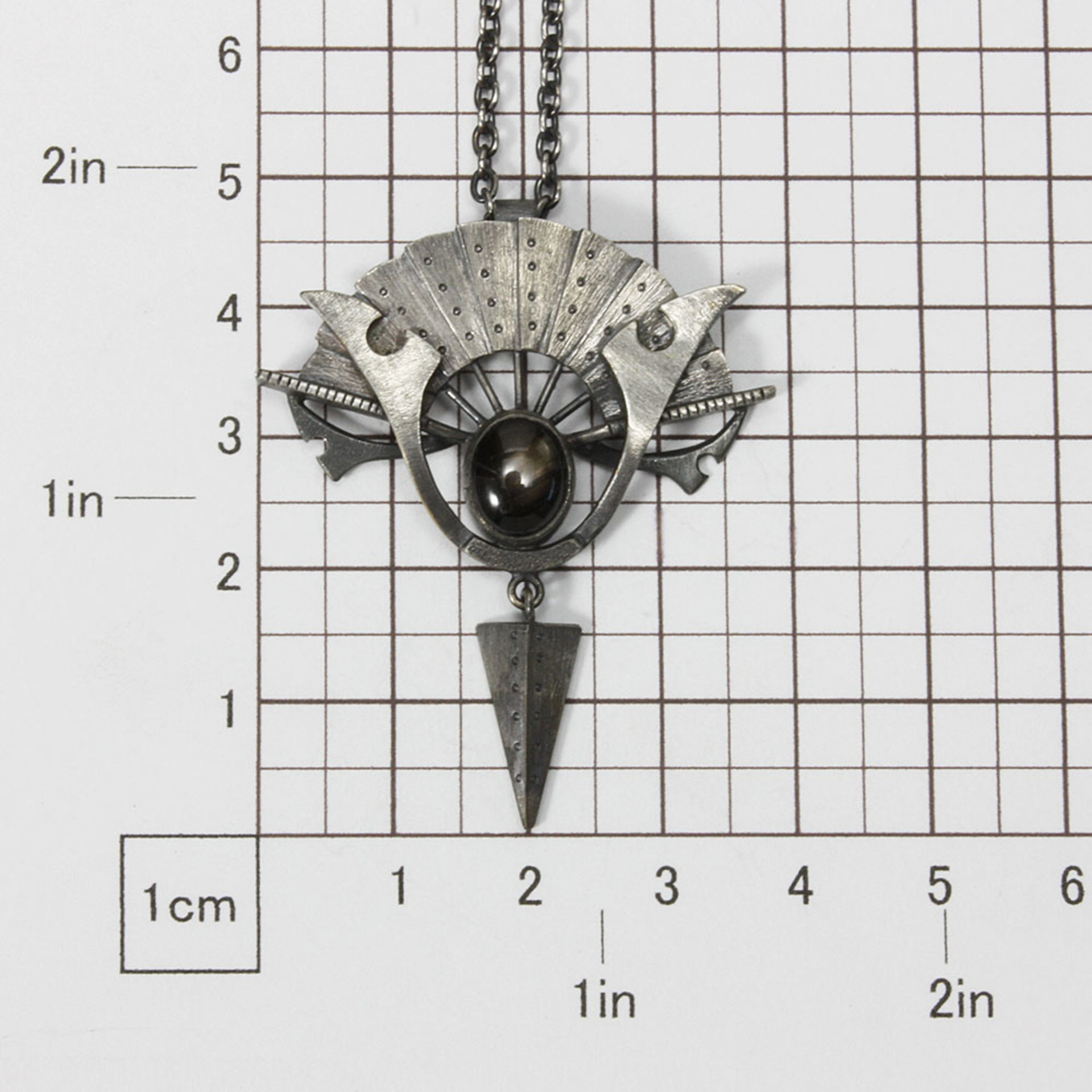Black star sapphire steampunk fan motif oxidized silver pendant necklace