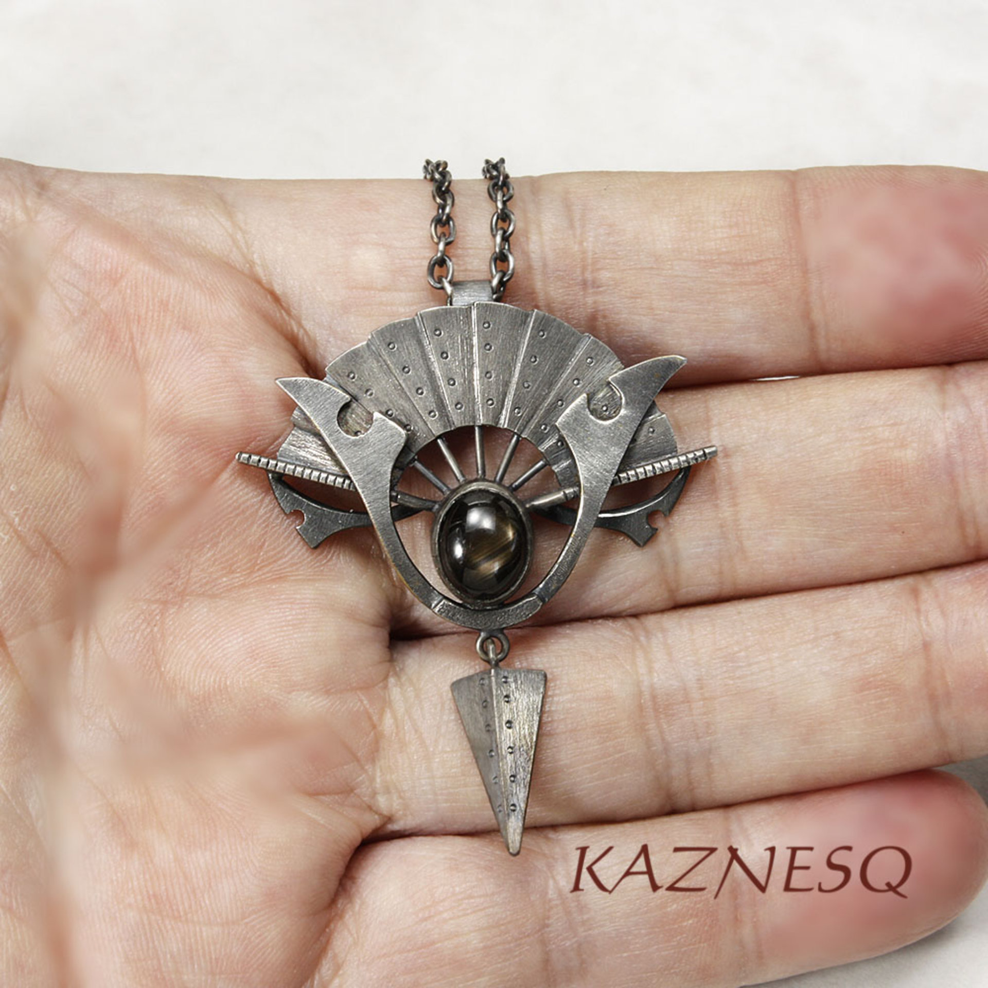 Black star sapphire steampunk fan motif oxidized silver pendant necklace