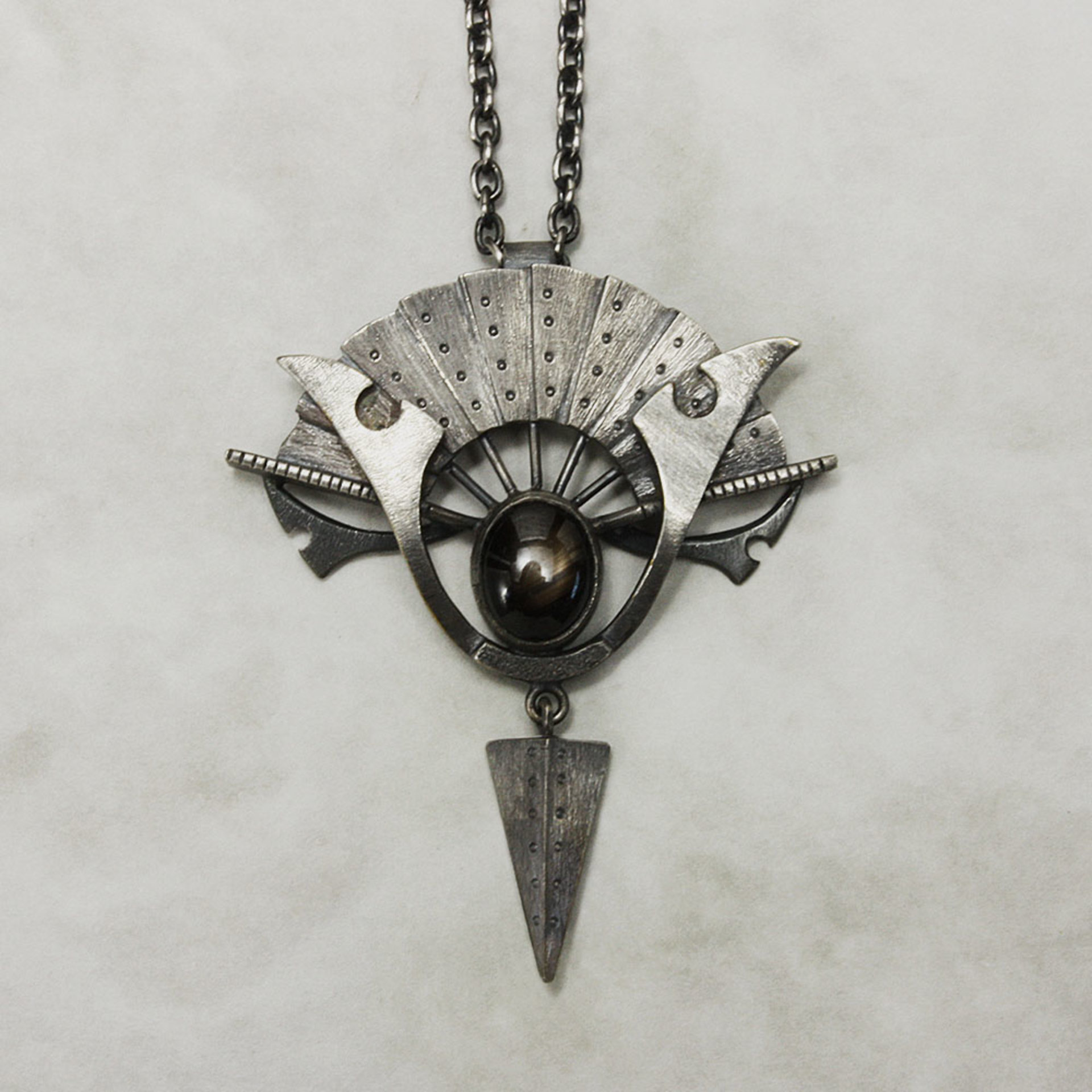 Black star sapphire steampunk fan motif oxidized silver pendant necklace