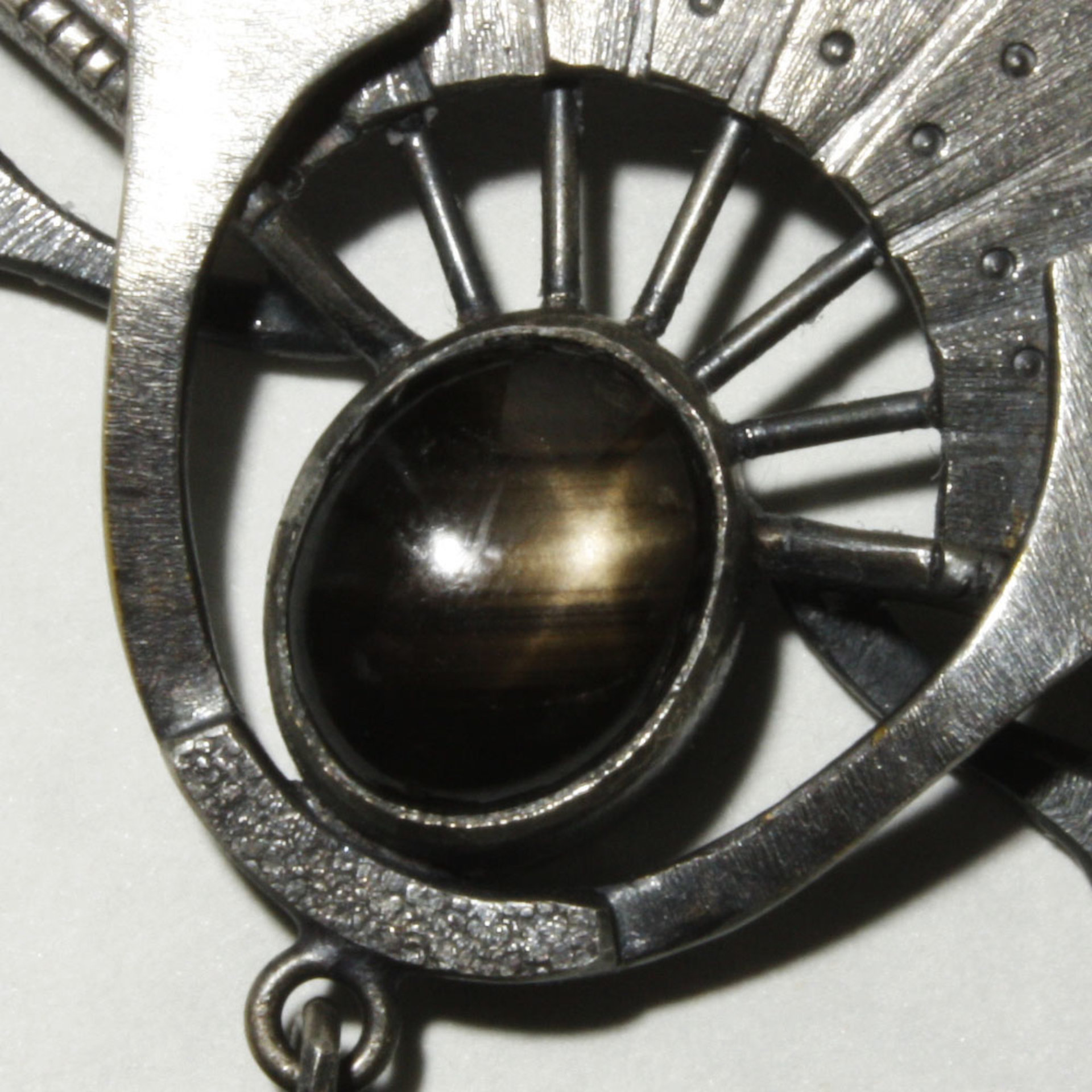 Black star sapphire steampunk fan motif oxidized silver pendant necklace