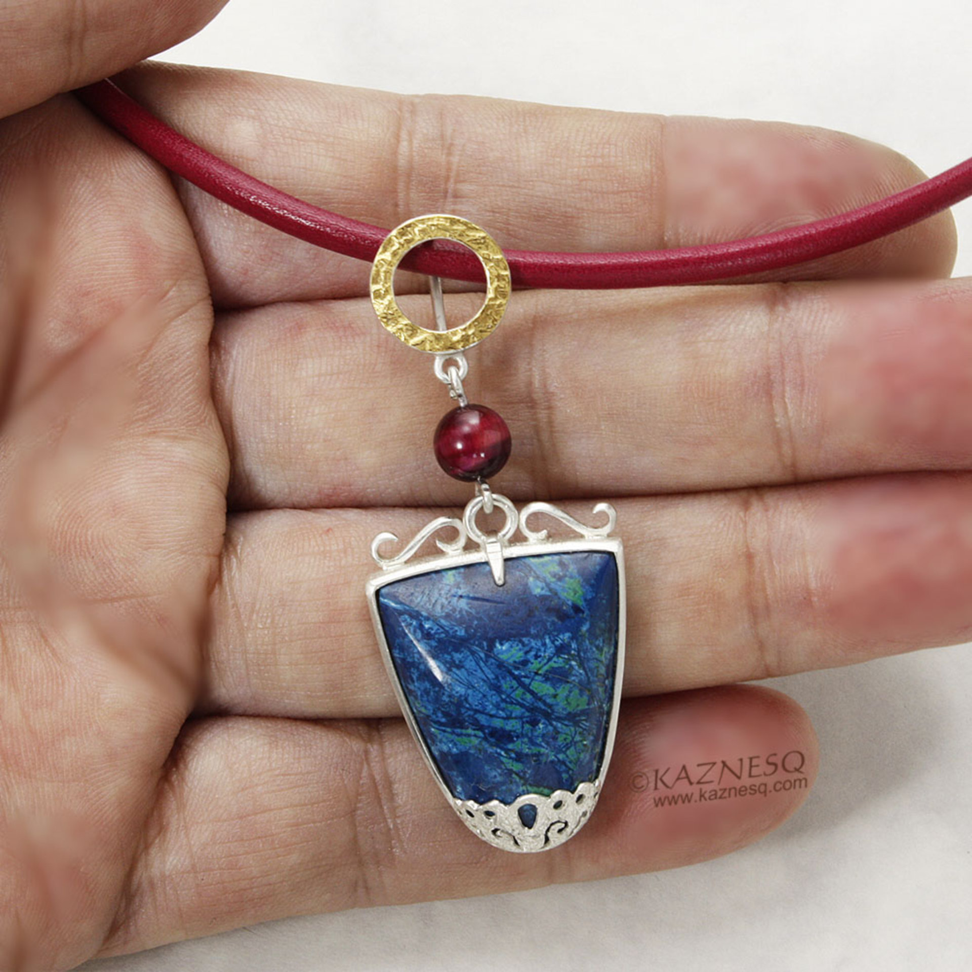 Azurite silver pendant necklace with lacy openwork