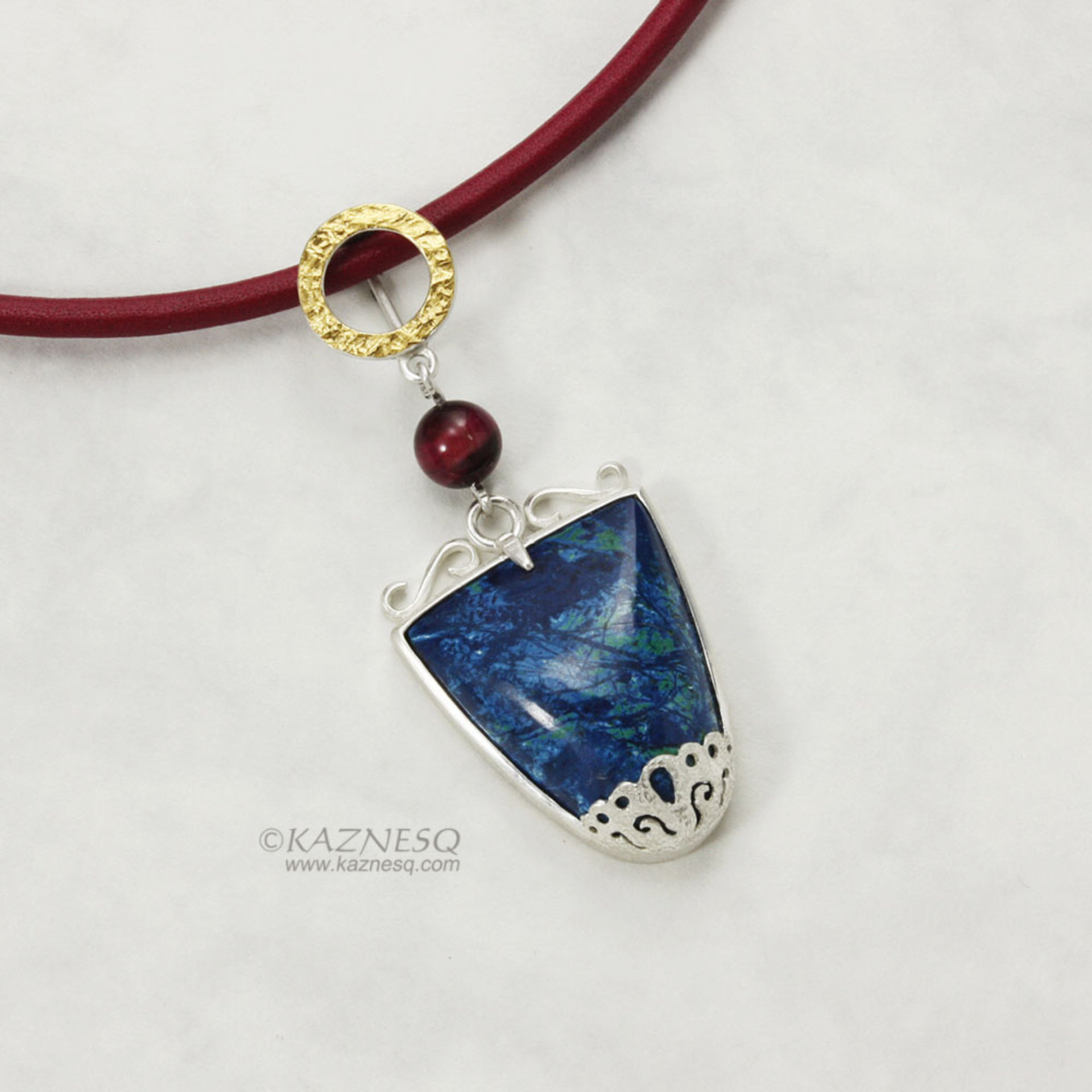 Azurite silver pendant necklace with lacy openwork