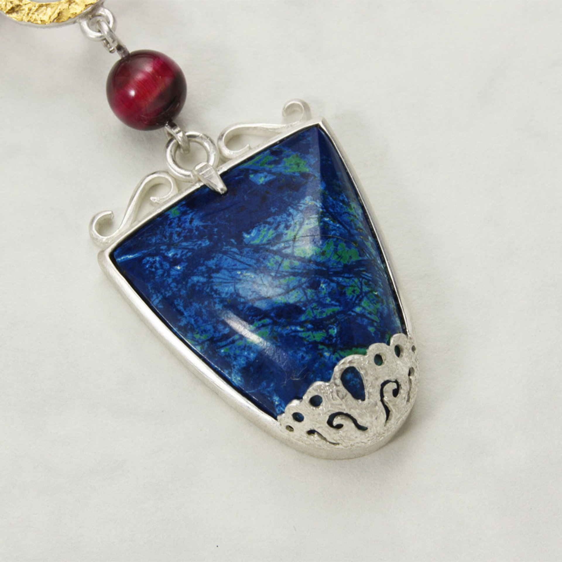Azurite silver pendant necklace with lacy openwork