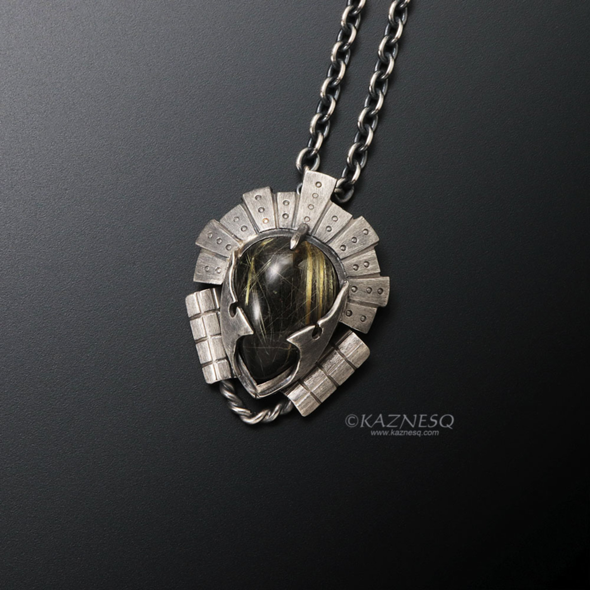 Rutilated quartz oxidized silver steampunk samurai helmet pendant necklace