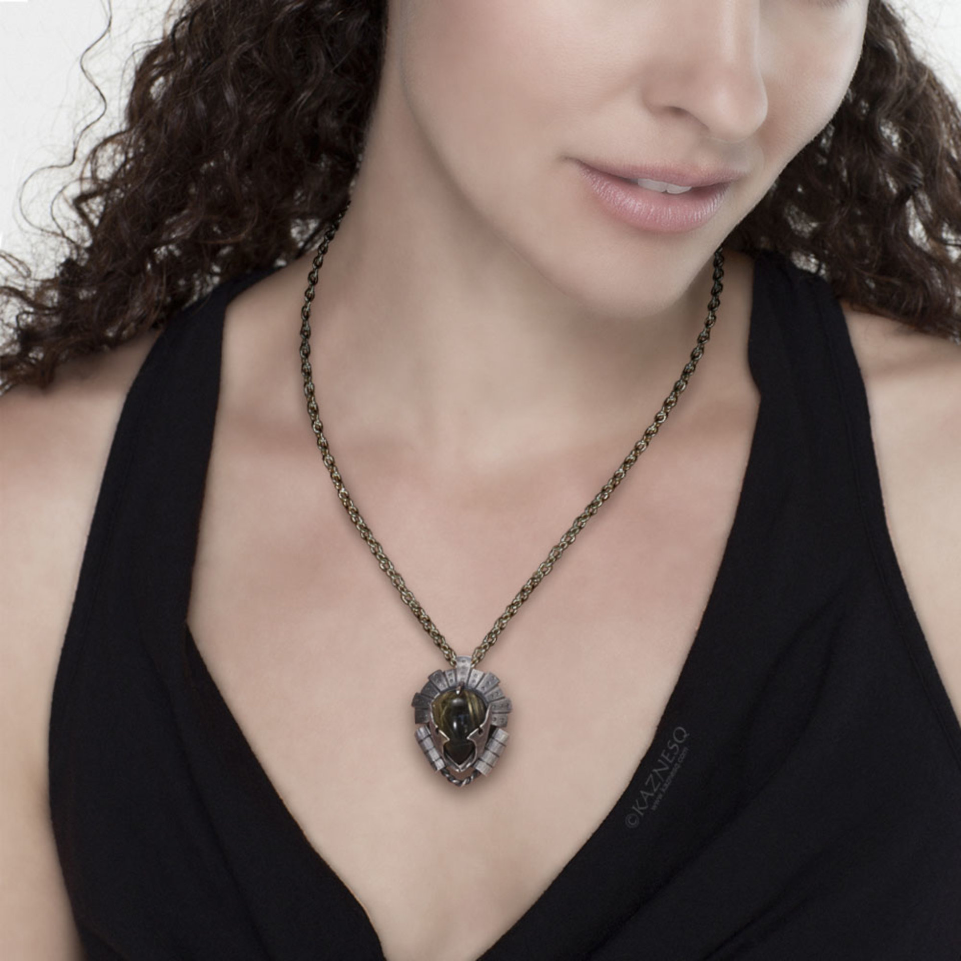 Rutilated quartz oxidized silver steampunk samurai helmet pendant necklace