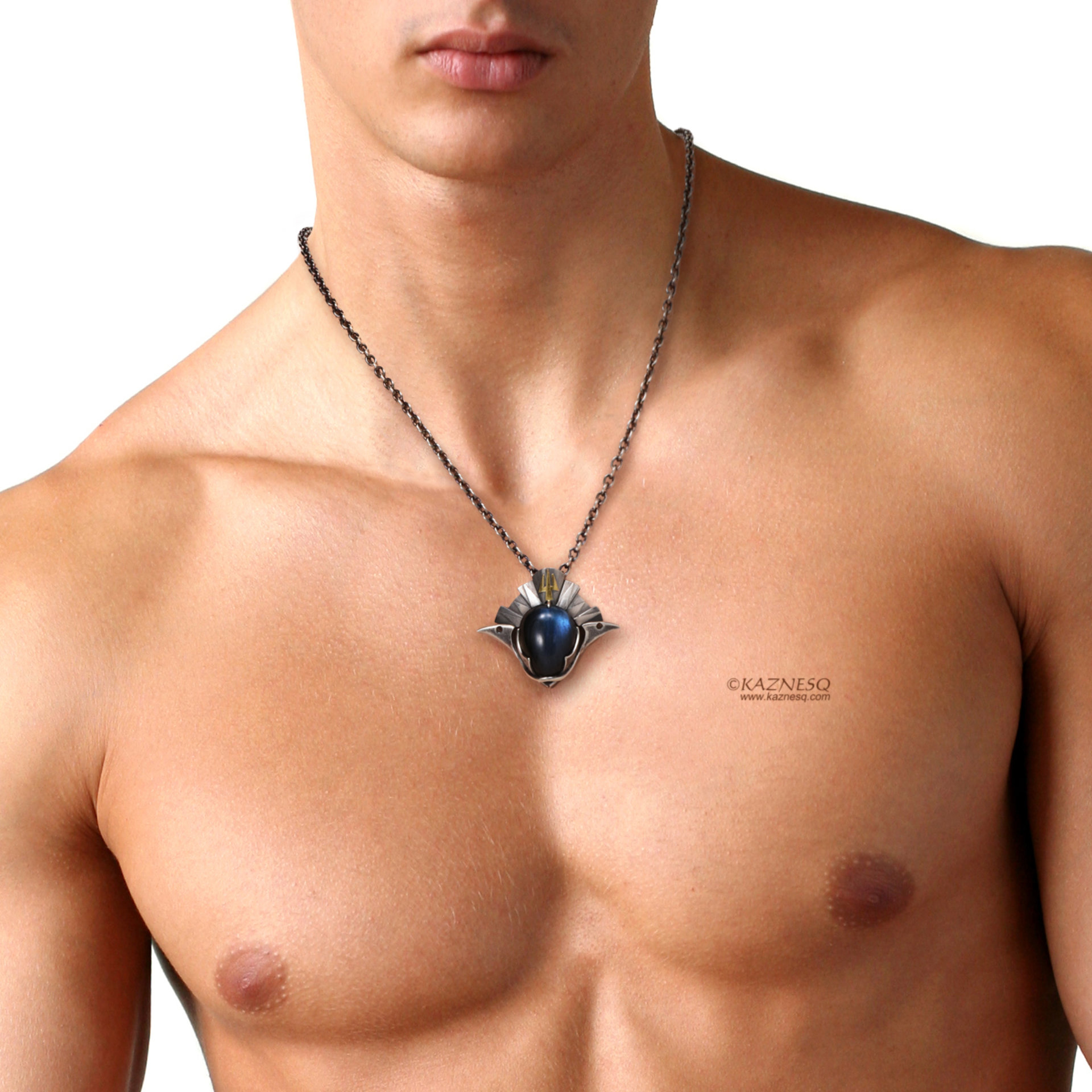 Blue labradorite knight and samurai helmet motif oxidized silver unisex pendant