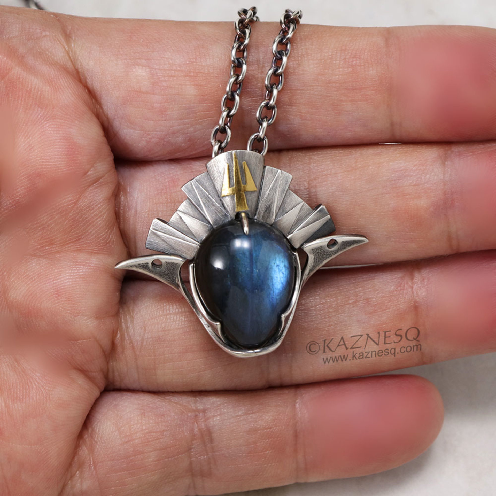 Blue labradorite knight and samurai helmet motif oxidized silver unisex pendant