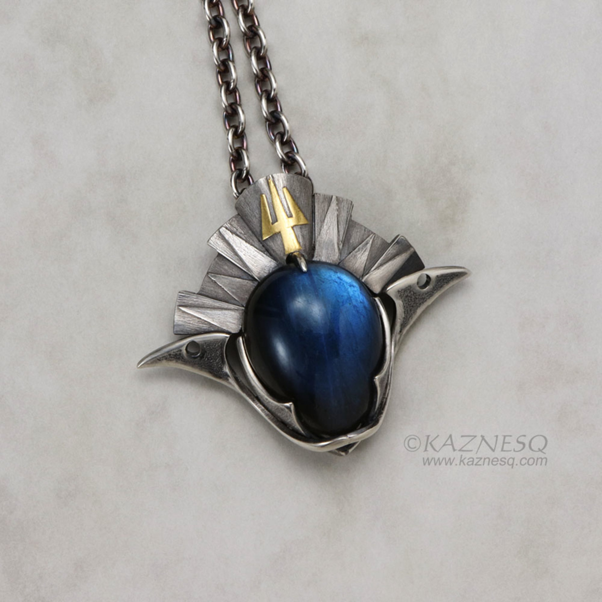 Blue labradorite knight and samurai helmet motif oxidized silver unisex pendant