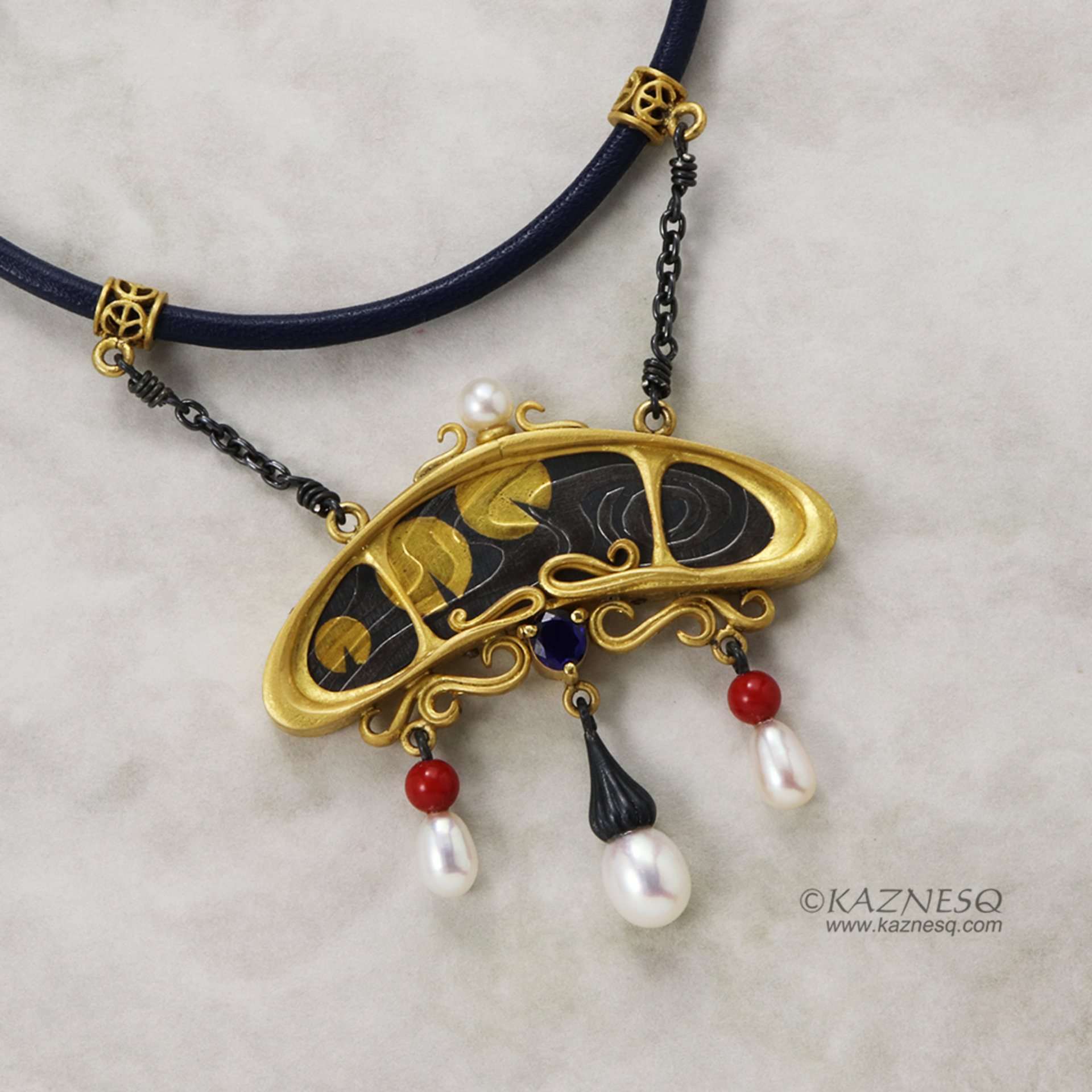 Art Nouveau Keum Boo waterlily pads and sapphire necklace.