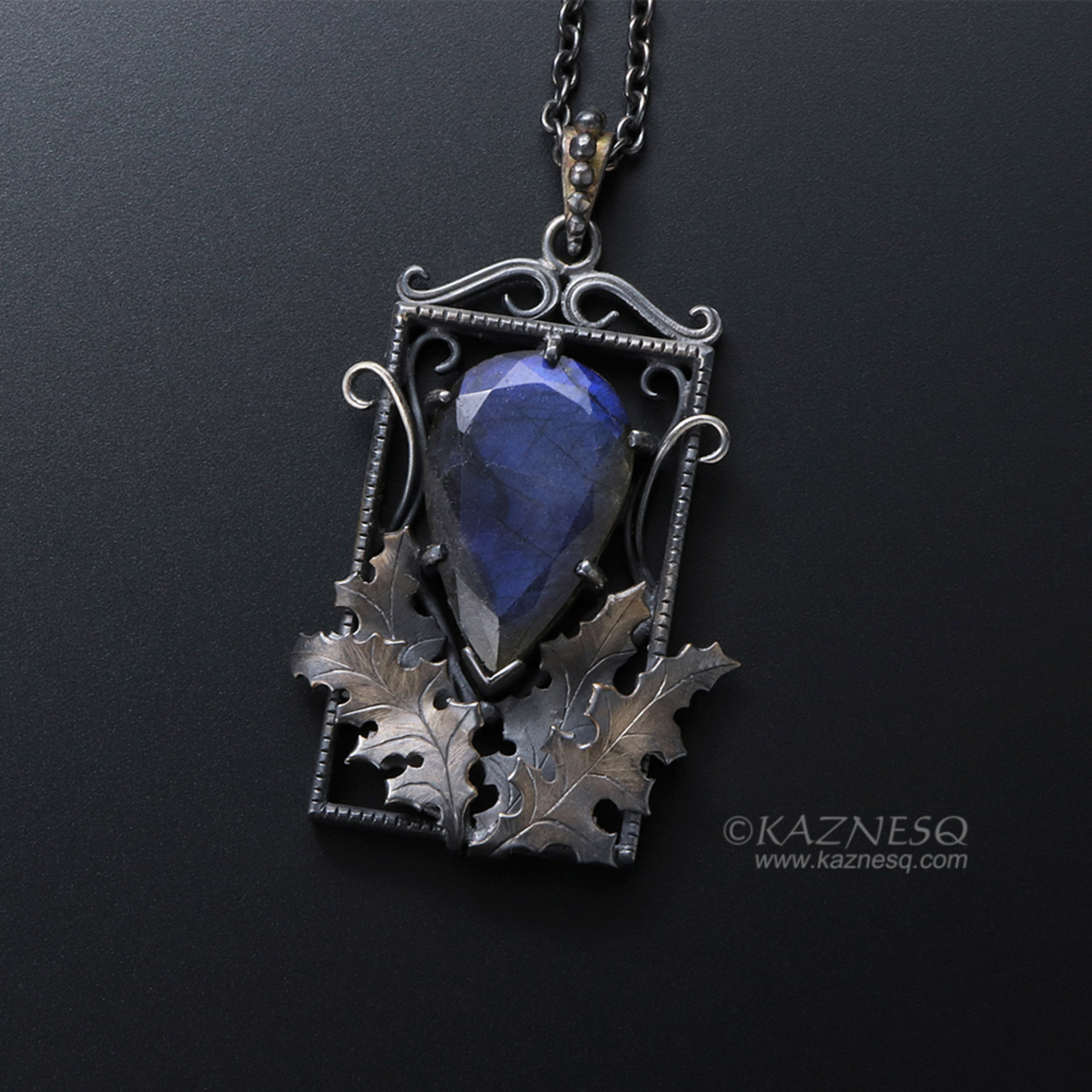 Blue labradorite thistle goth Art Nouveau oxidized silver pendant necklace
