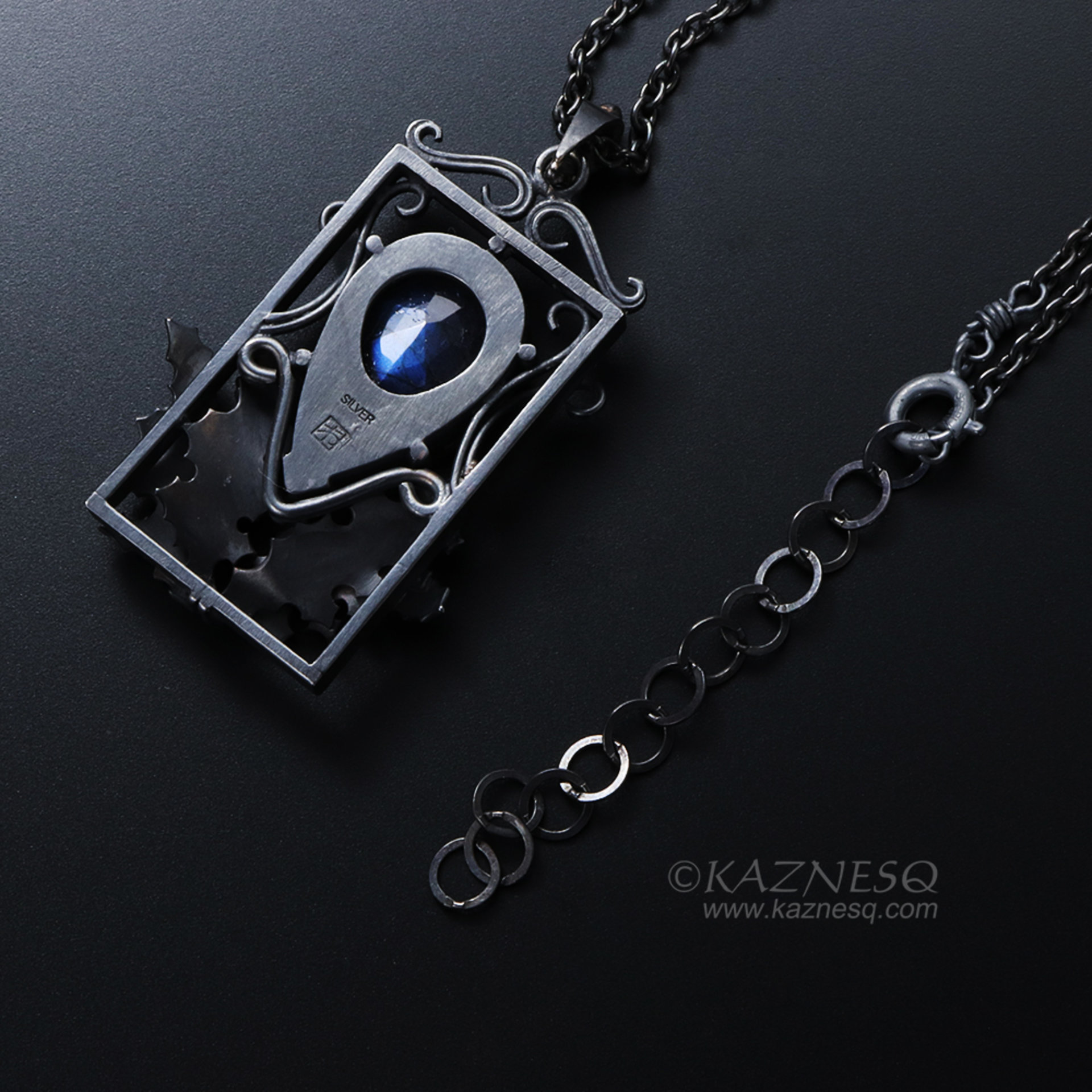 Blue labradorite thistle goth Art Nouveau oxidized silver pendant necklace