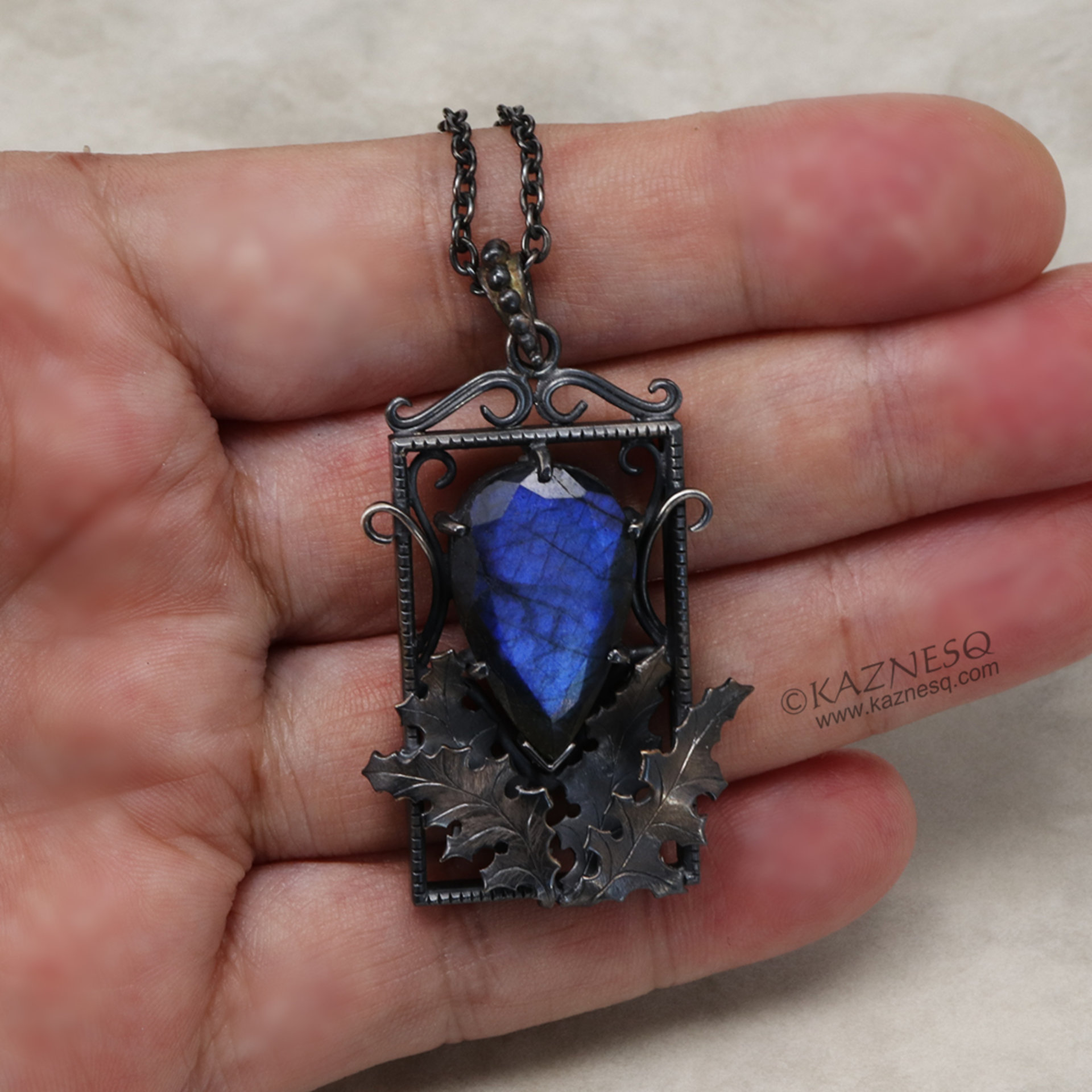Blue labradorite thistle goth Art Nouveau oxidized silver pendant necklace