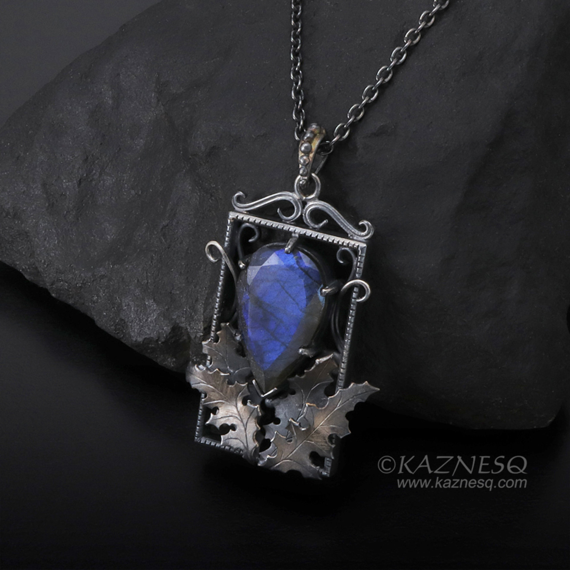 Blue labradorite thistle goth Art Nouveau oxidized silver pendant necklace