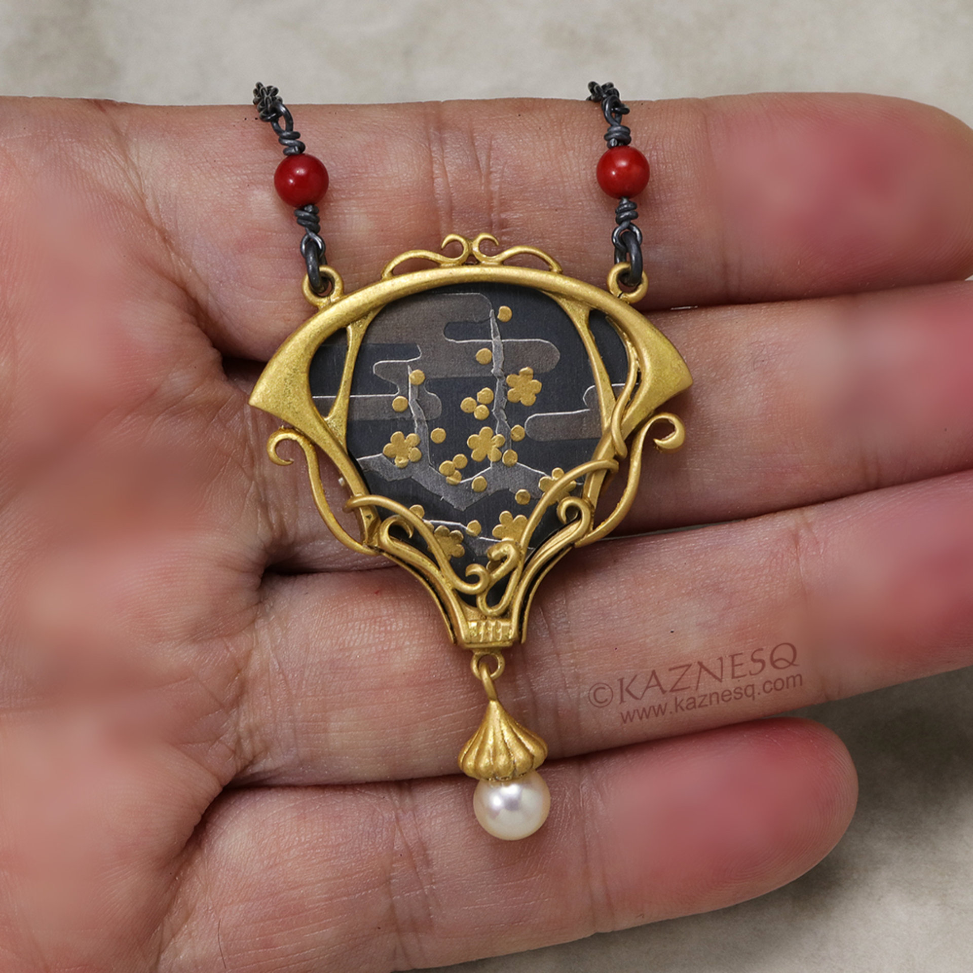 Art Nouveau style golden blossoms necklace, Keum Boo necklace