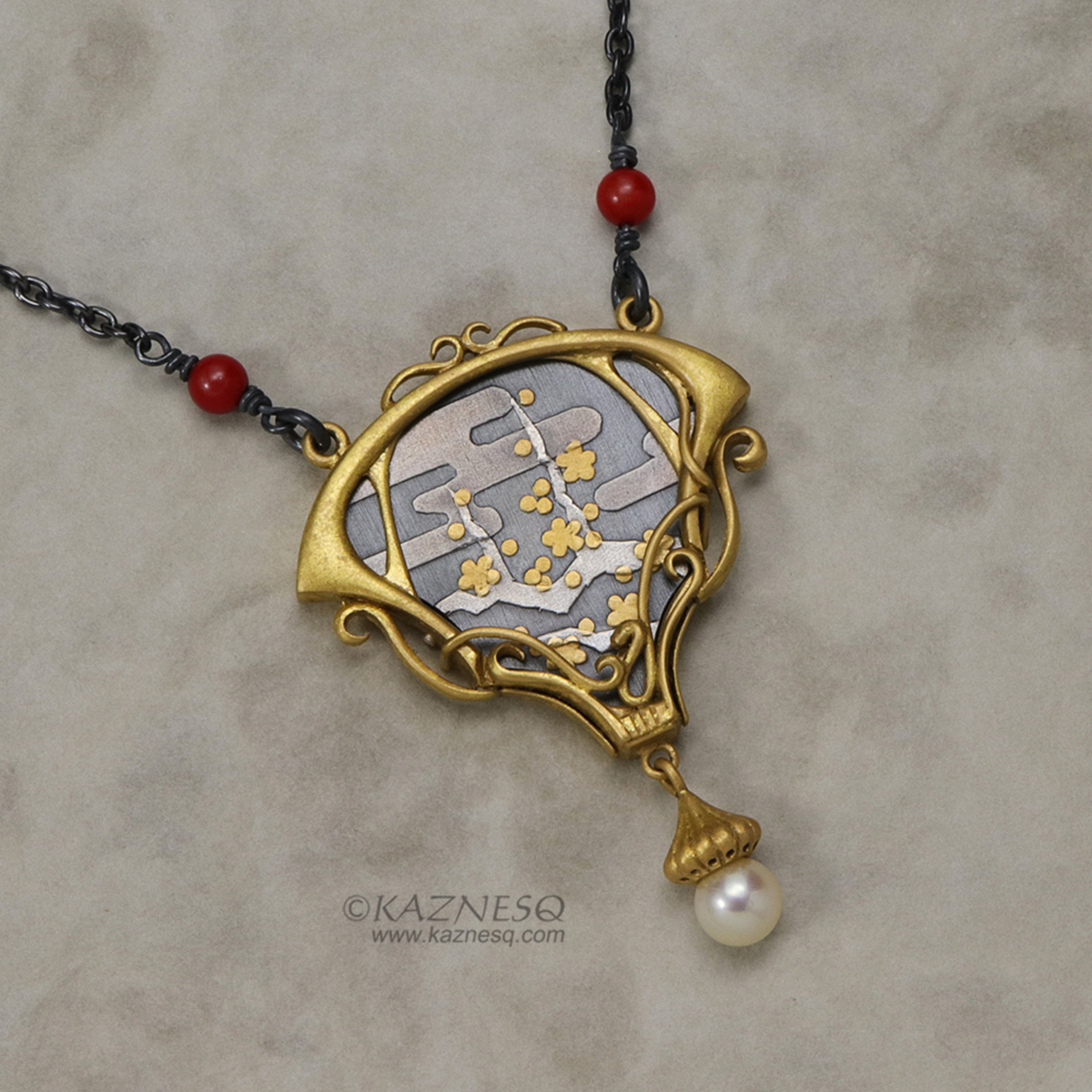 Art Nouveau style golden blossoms necklace, Keum Boo necklace