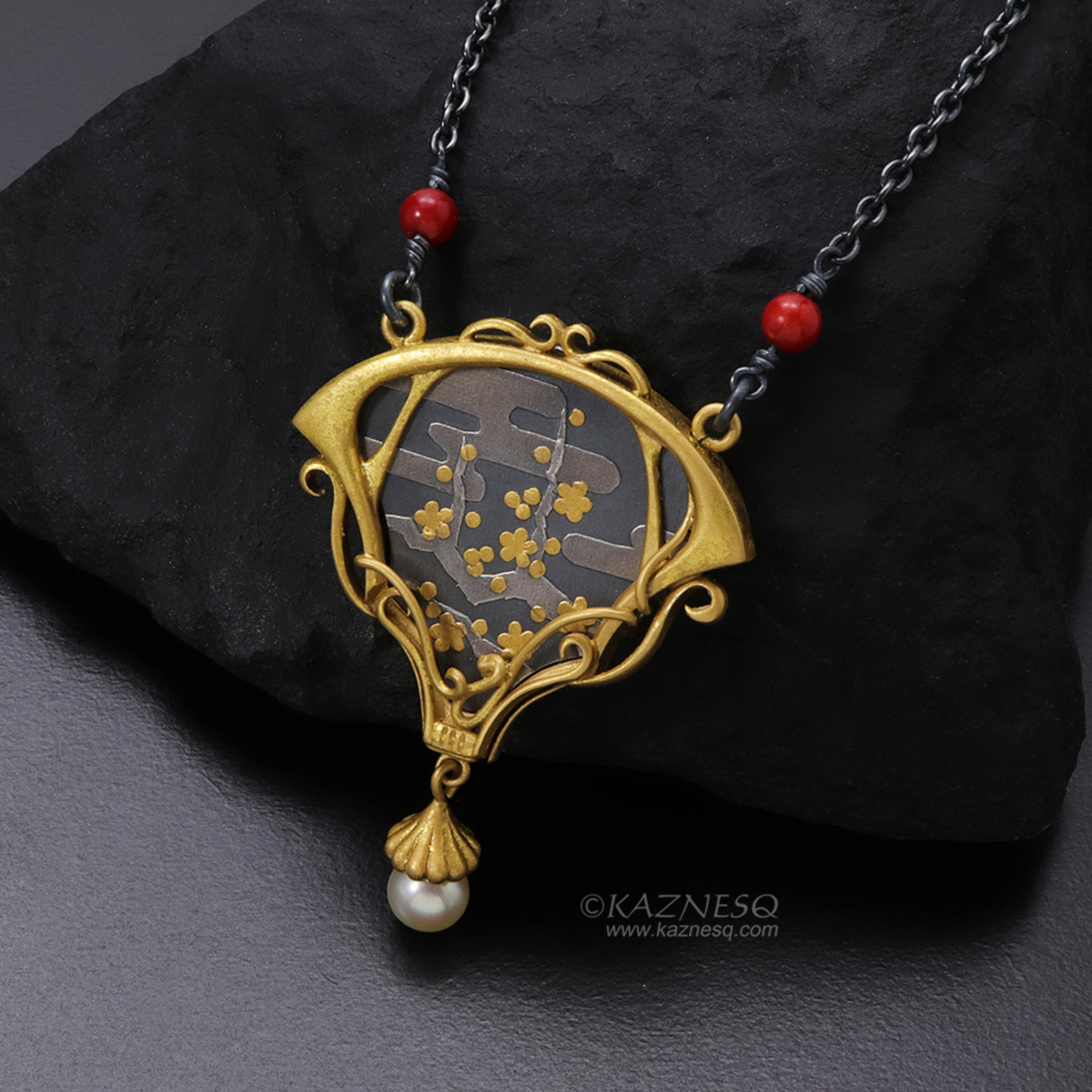 Art Nouveau style golden blossoms necklace, Keum Boo necklace