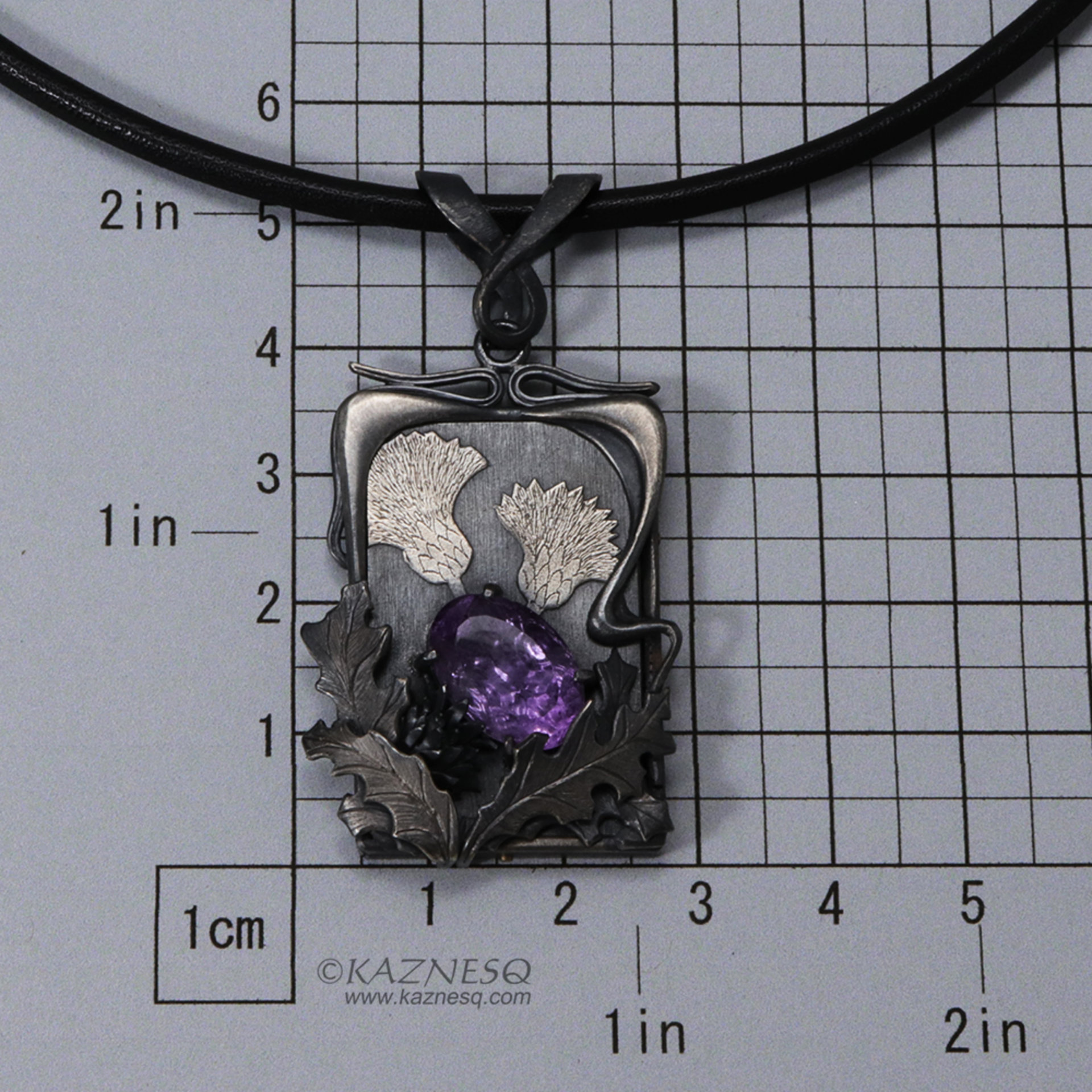 Amethyst Art Nouveau style thistle pendant necklace, Goth pendant