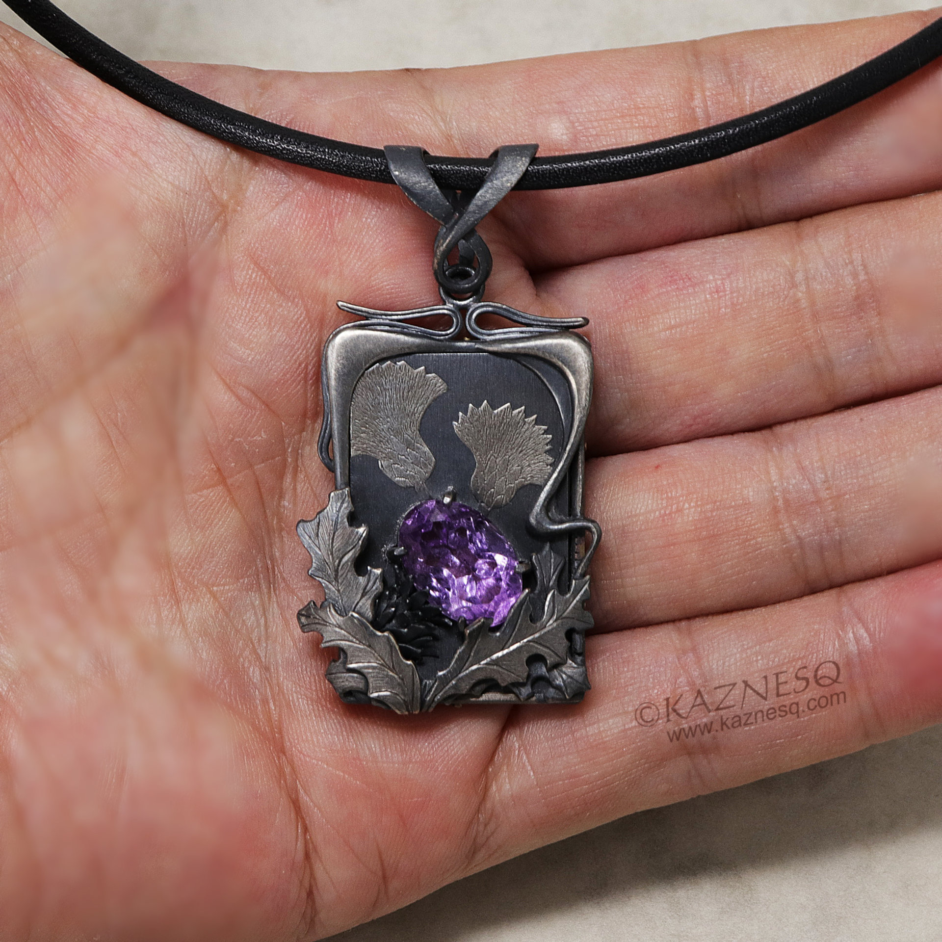 Amethyst Art Nouveau style thistle pendant necklace, Goth pendant