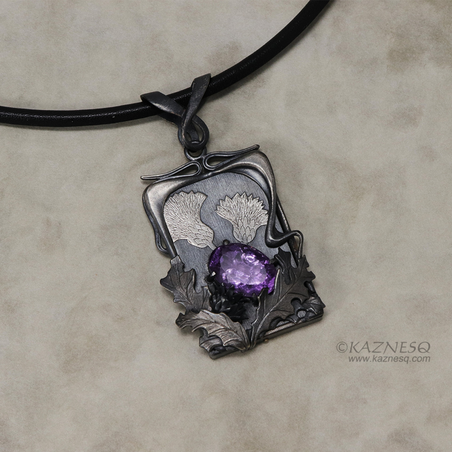 Amethyst Art Nouveau style thistle pendant necklace, Goth pendant