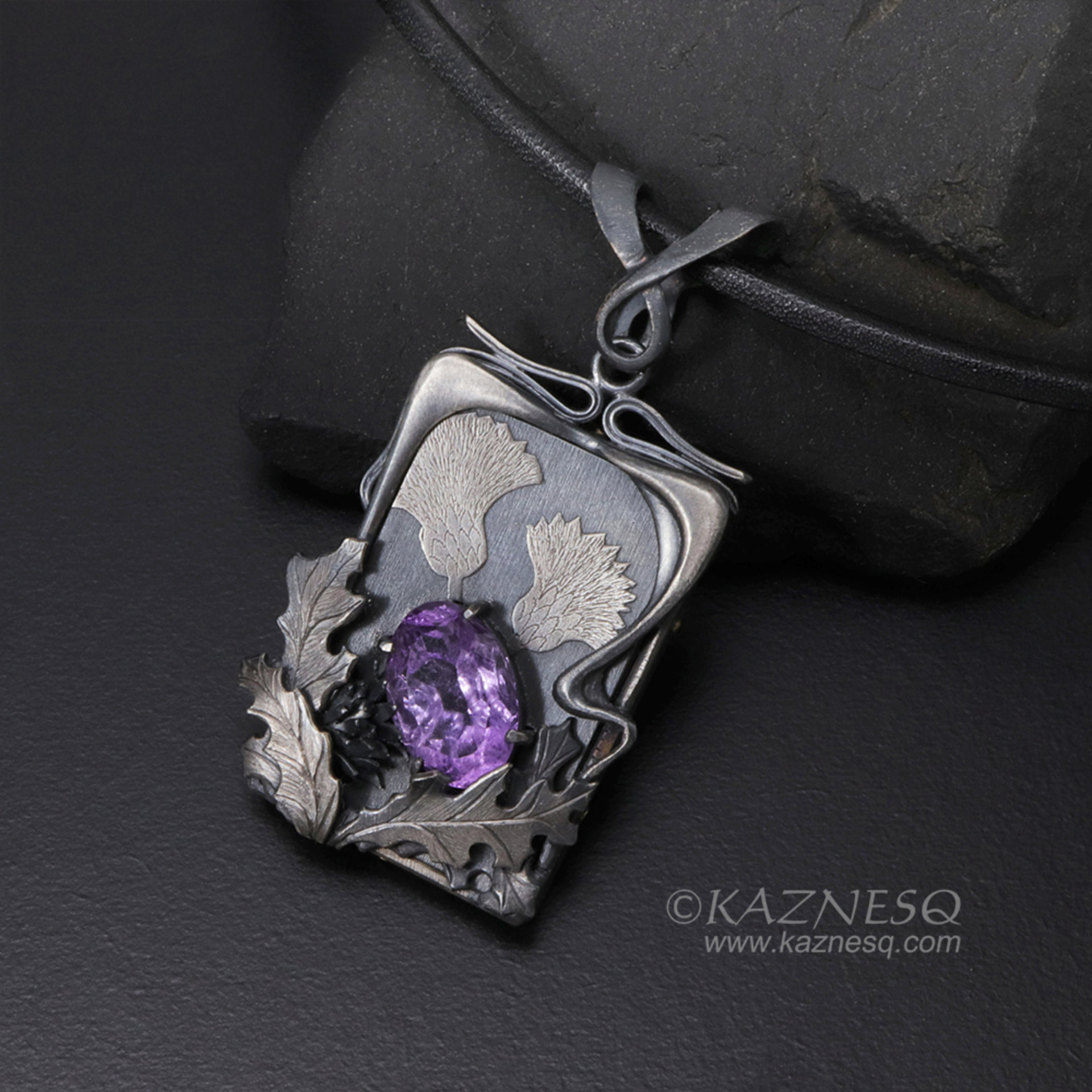 Amethyst Art Nouveau style thistle pendant necklace, Goth pendant