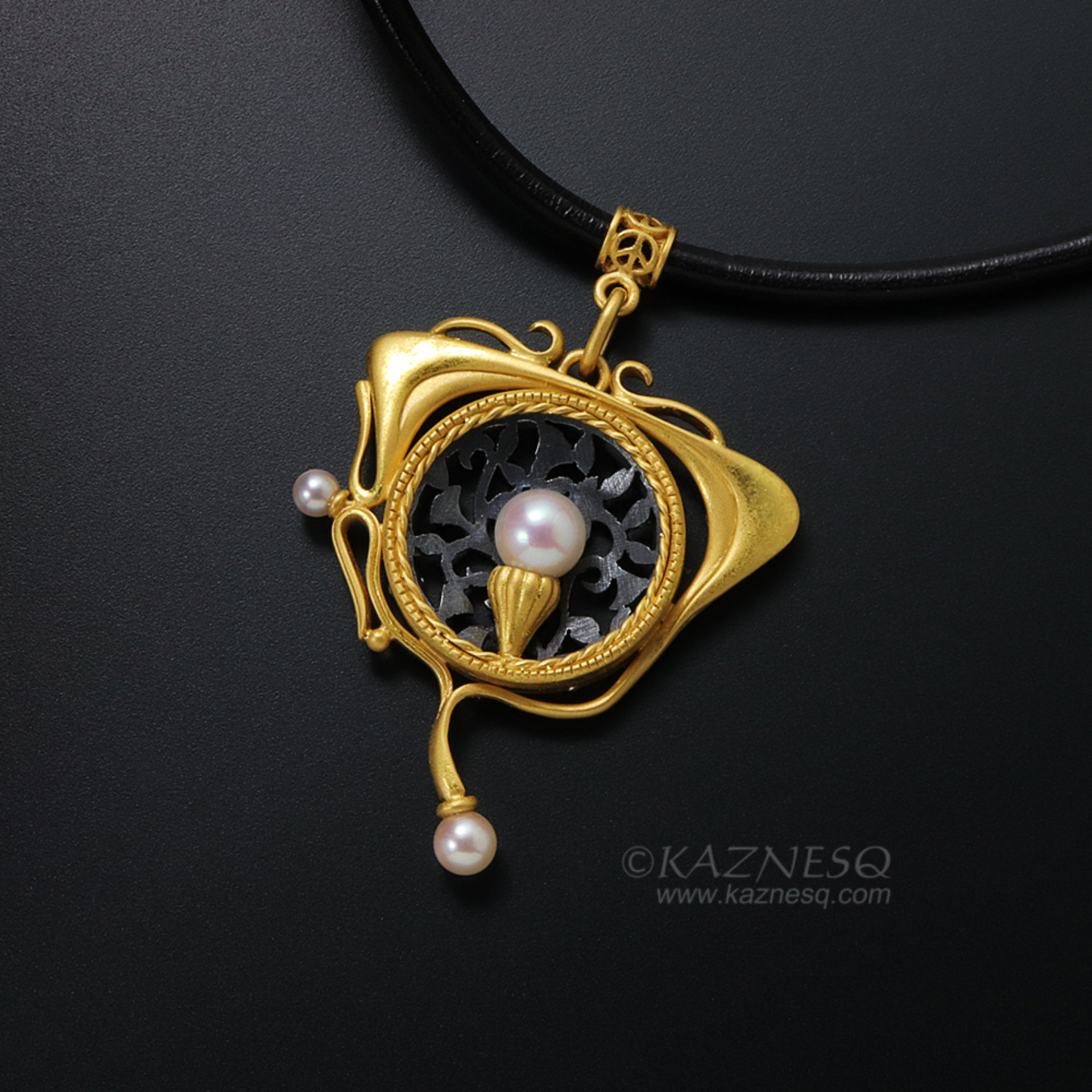 Art Nouveau style openwork akoya pearl pendant necklace
