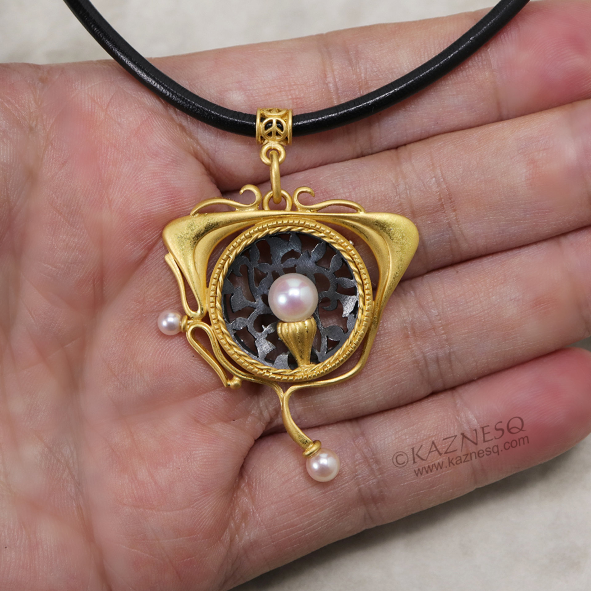 Art Nouveau style openwork akoya pearl pendant necklace