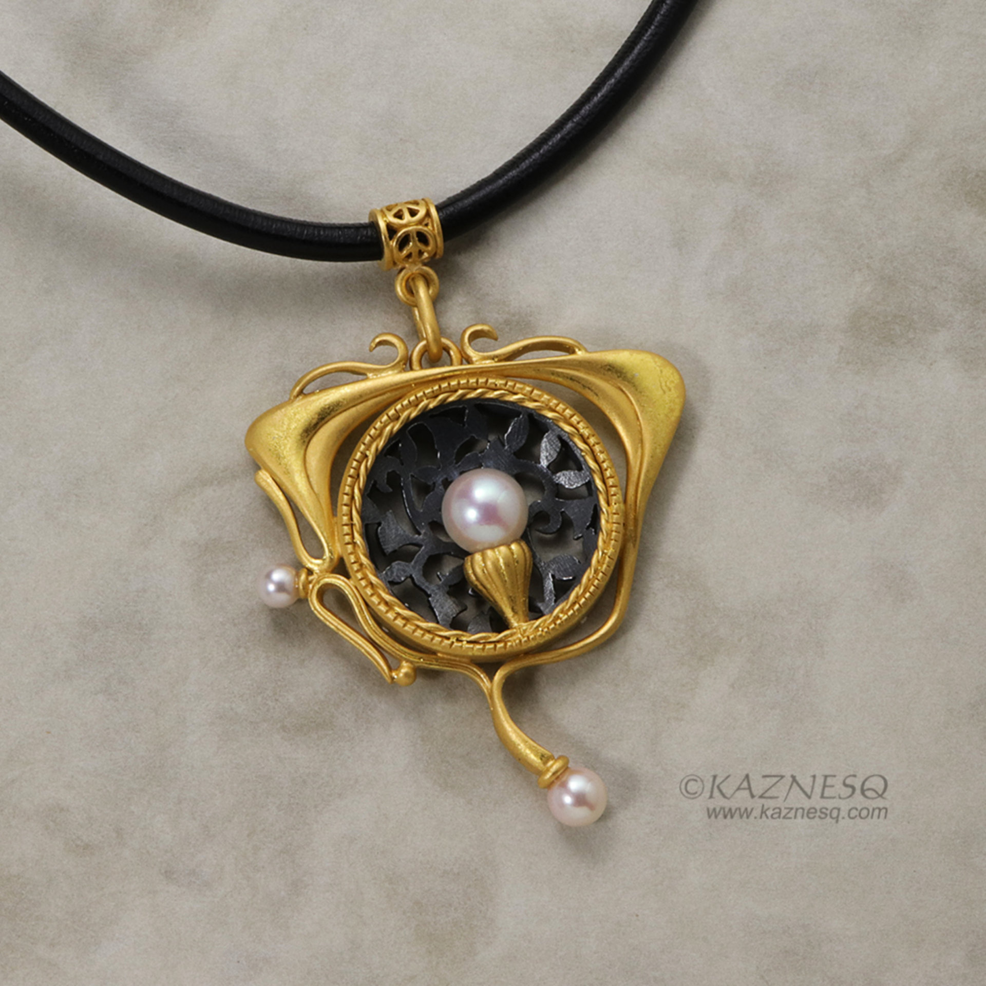 Art Nouveau style openwork akoya pearl pendant necklace