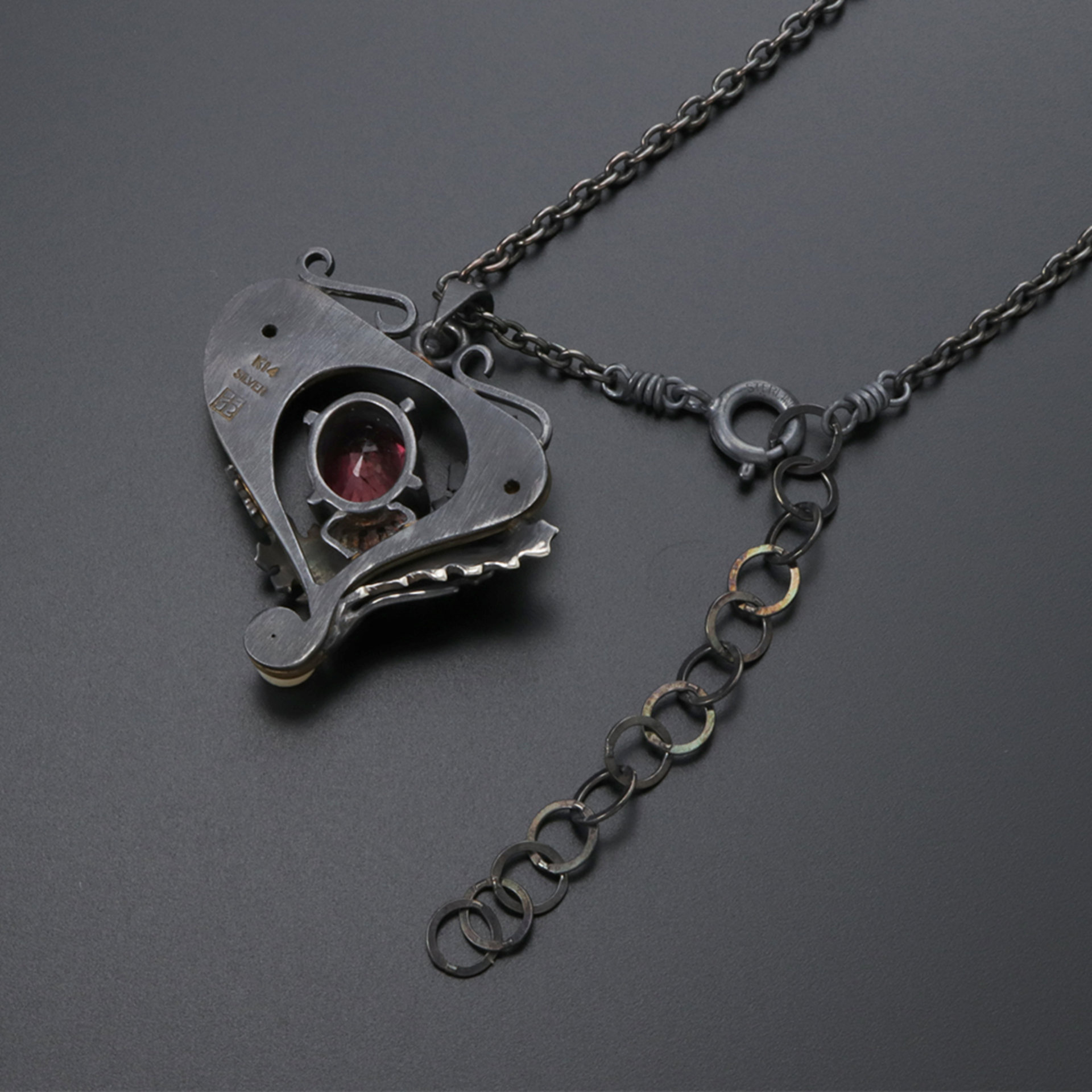 Art Nouveau style pink tourmaline and akoya pearl pendant, 14K gold and oxidized