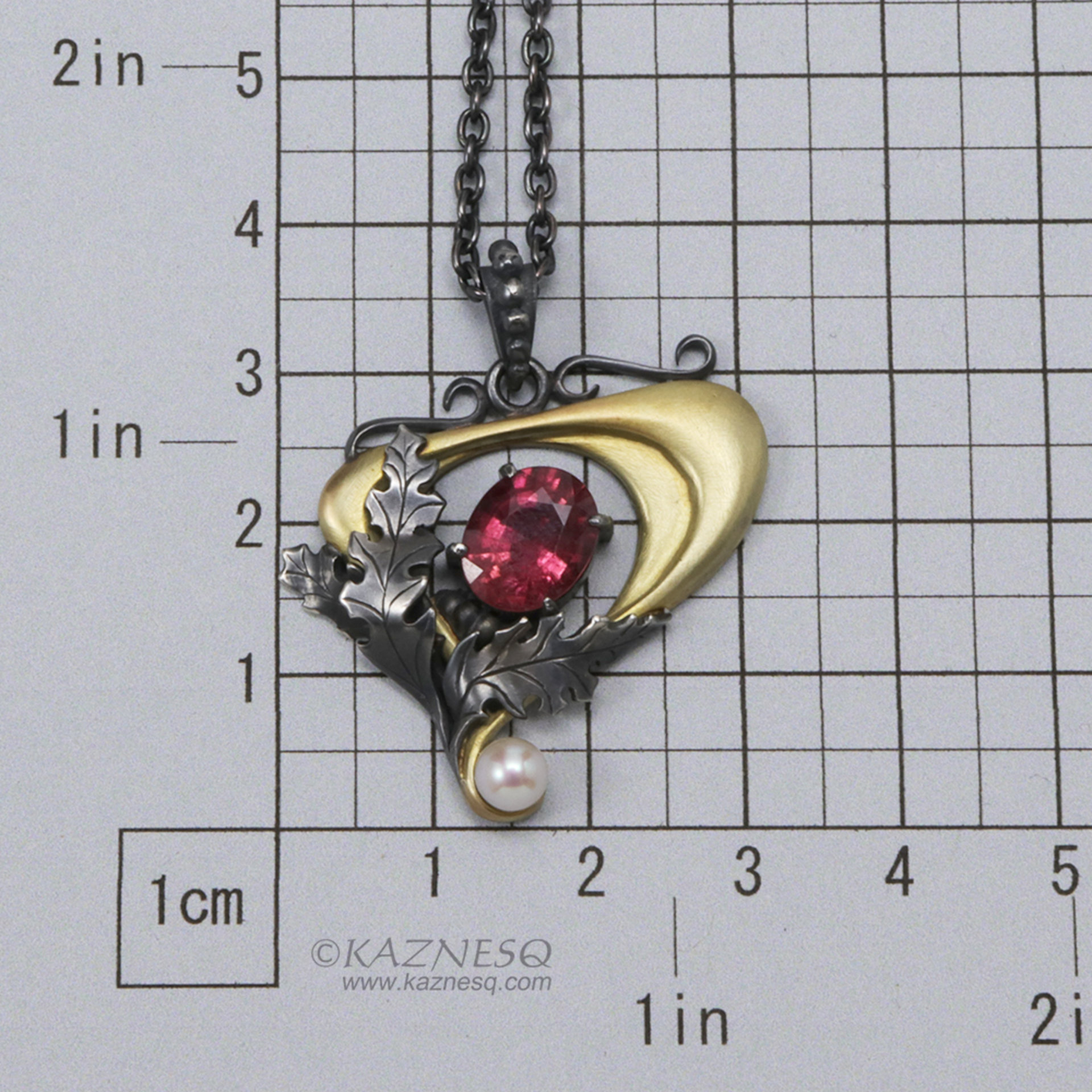 Art Nouveau style pink tourmaline and akoya pearl pendant, 14K gold and oxidized