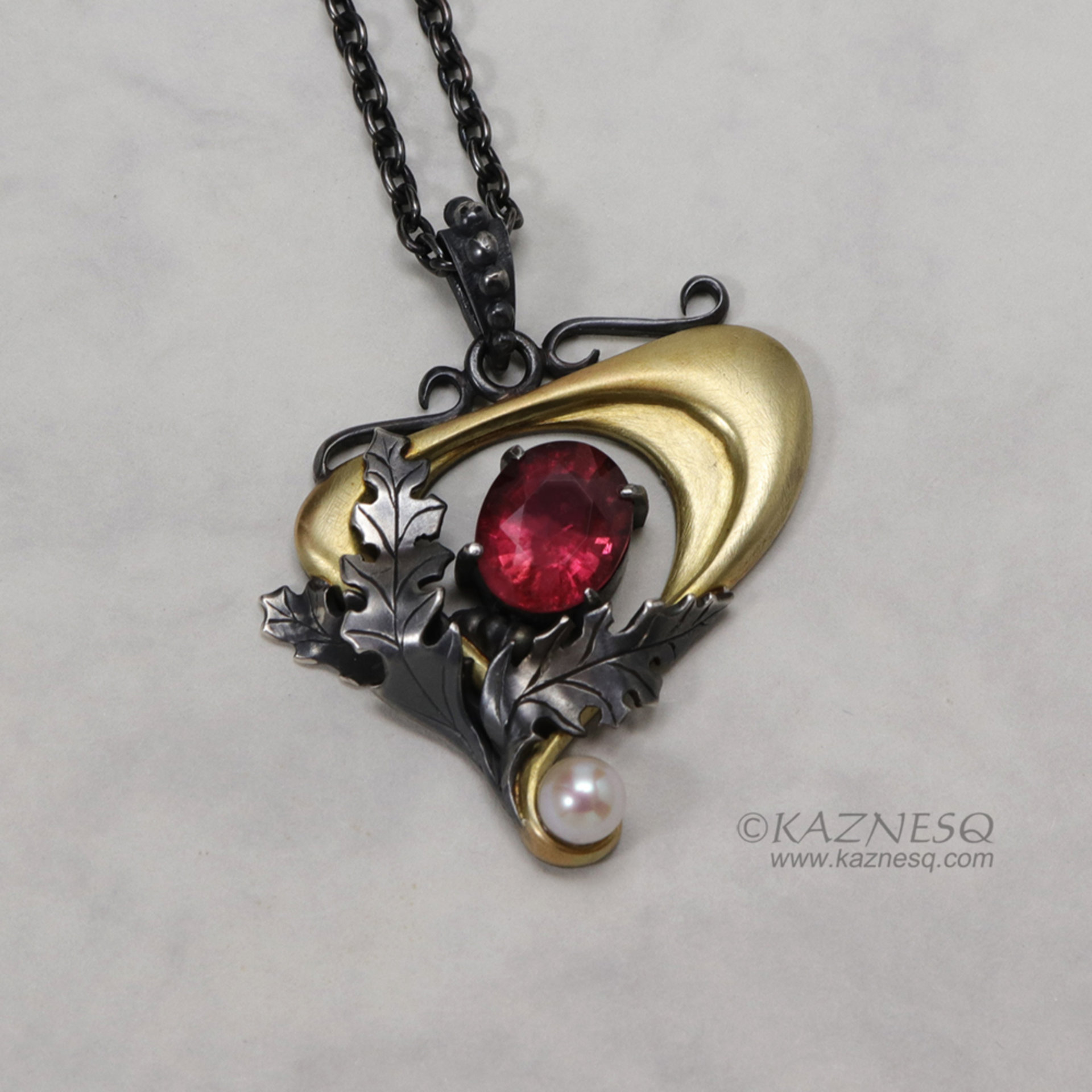 Art Nouveau style pink tourmaline and akoya pearl pendant, 14K gold and oxidized