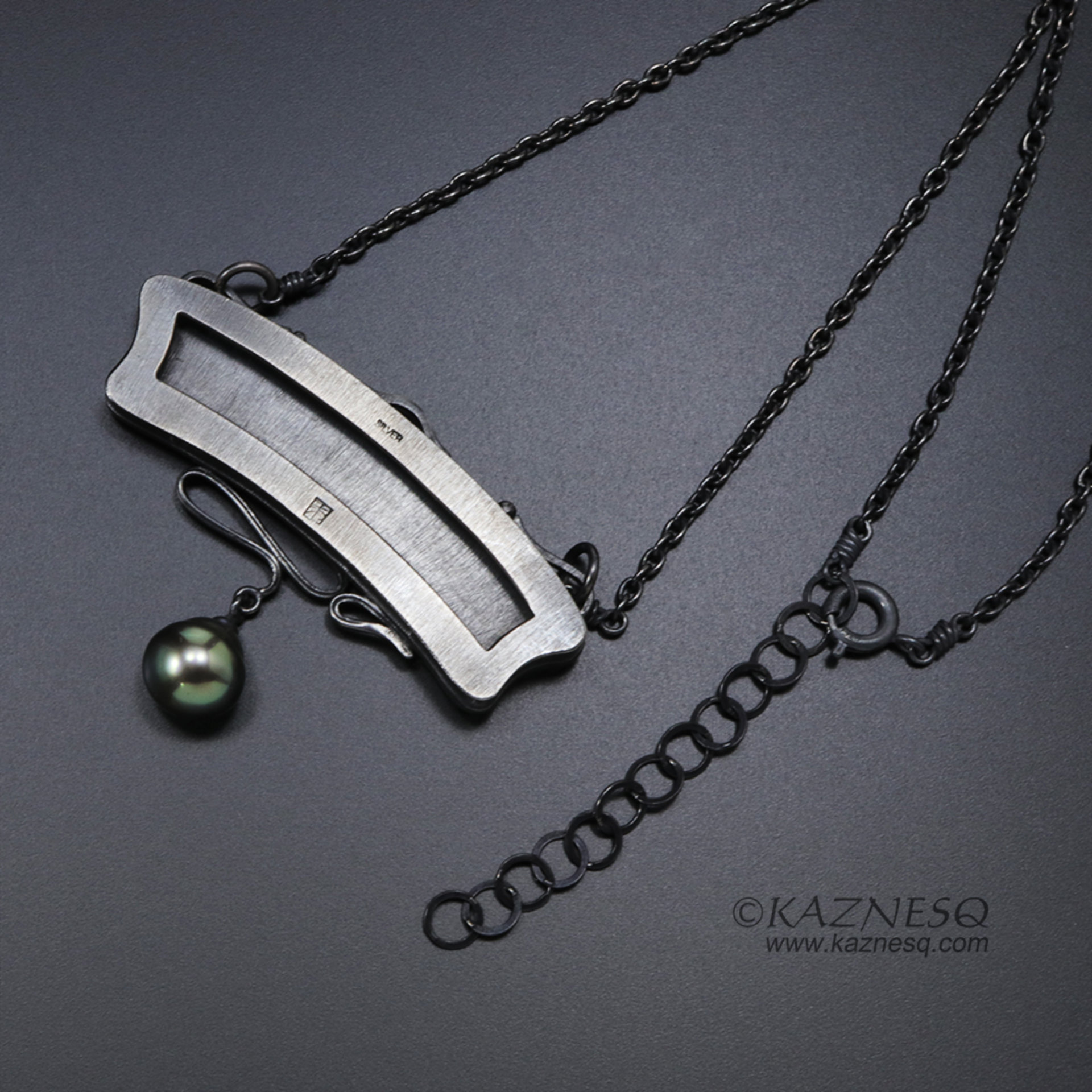 Art Nouveau style pine tree relief necklace, oxidized silver black pearl pendant