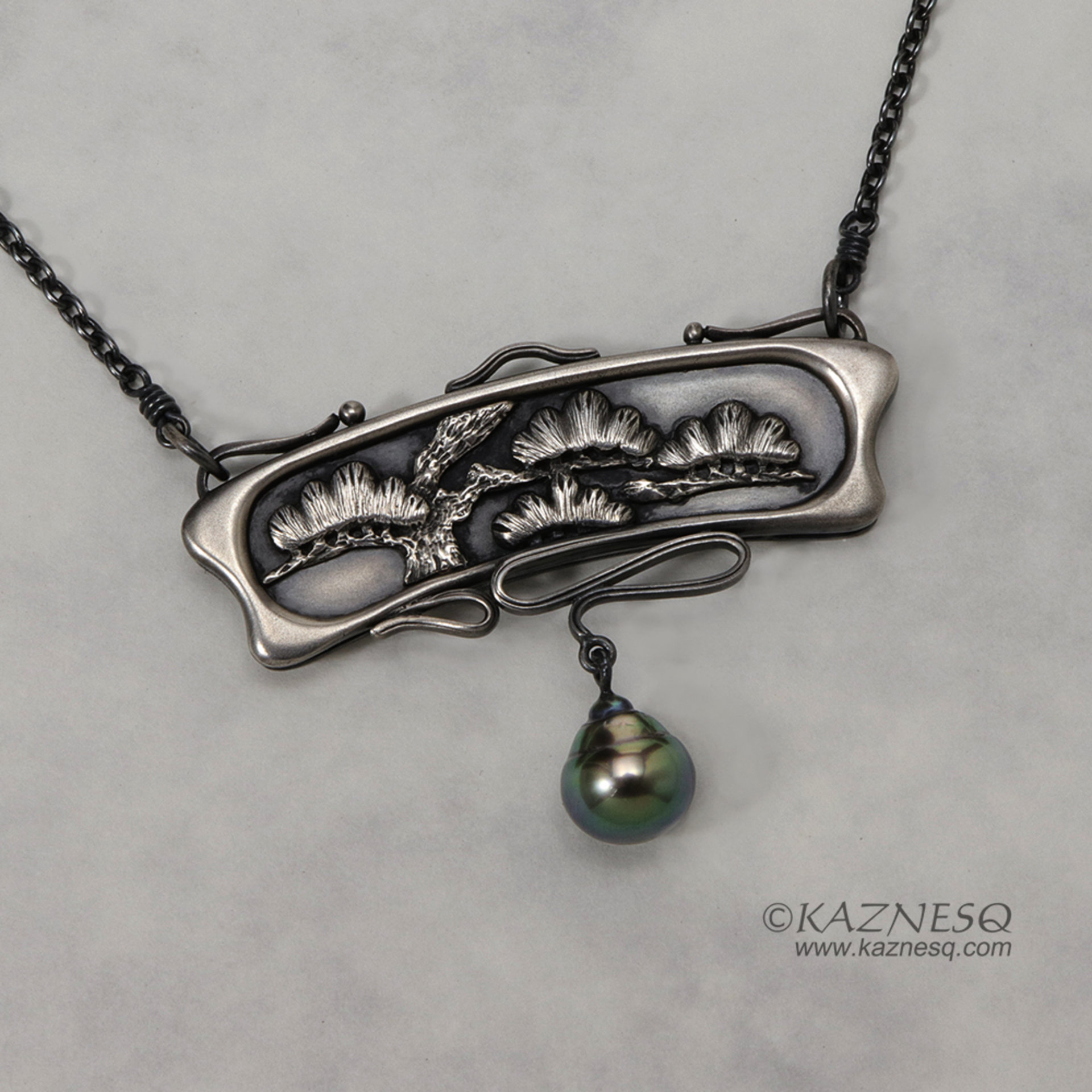 Art Nouveau style pine tree relief necklace, oxidized silver black pearl pendant