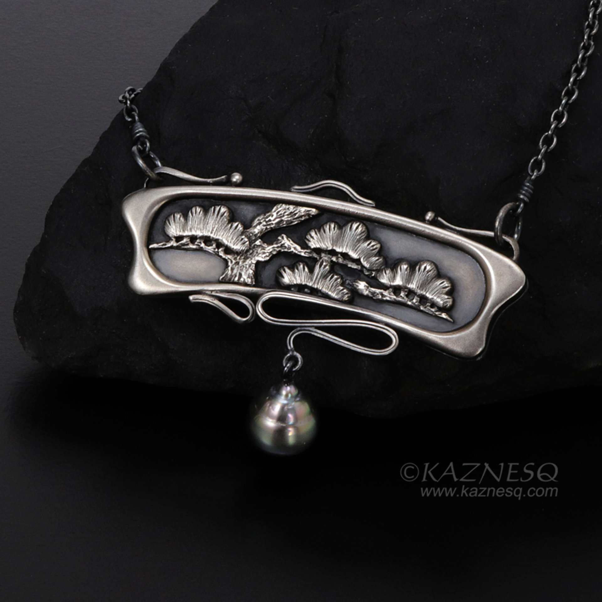 Art Nouveau style pine tree relief necklace, oxidized silver black pearl pendant