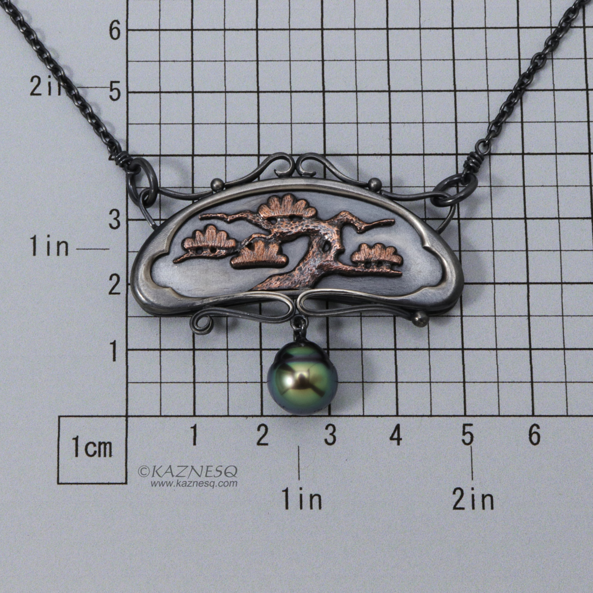 Art Nouveau style pine tree motif necklace with a black pearl