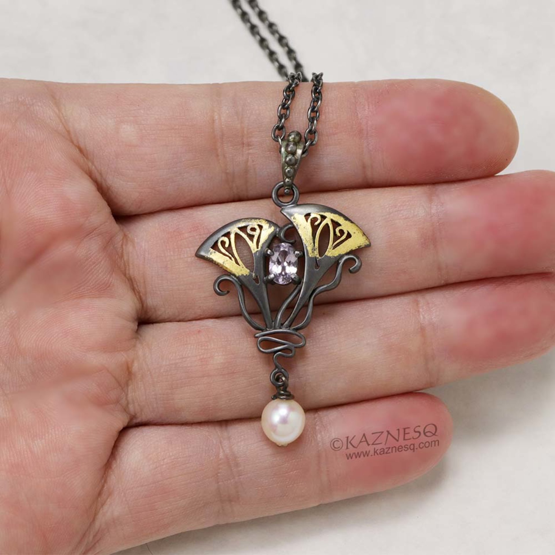 Lavender spinel Art Nouveau style oxidized silver pendant with a freshwater pear