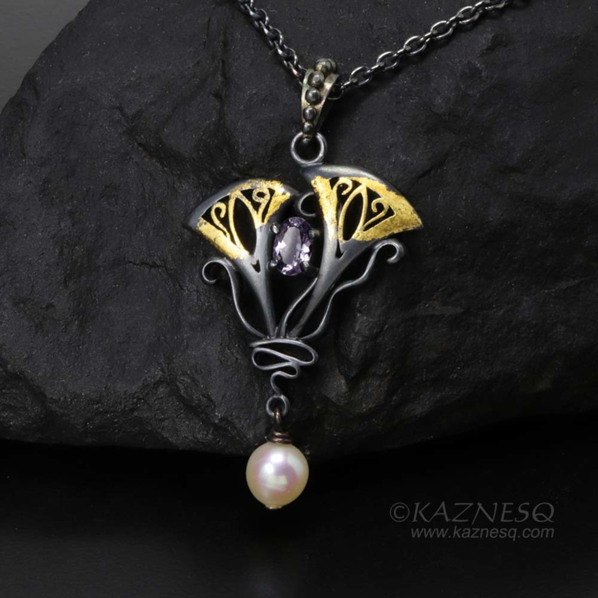 Lavender spinel Art Nouveau style oxidized silver pendant with a freshwater pear