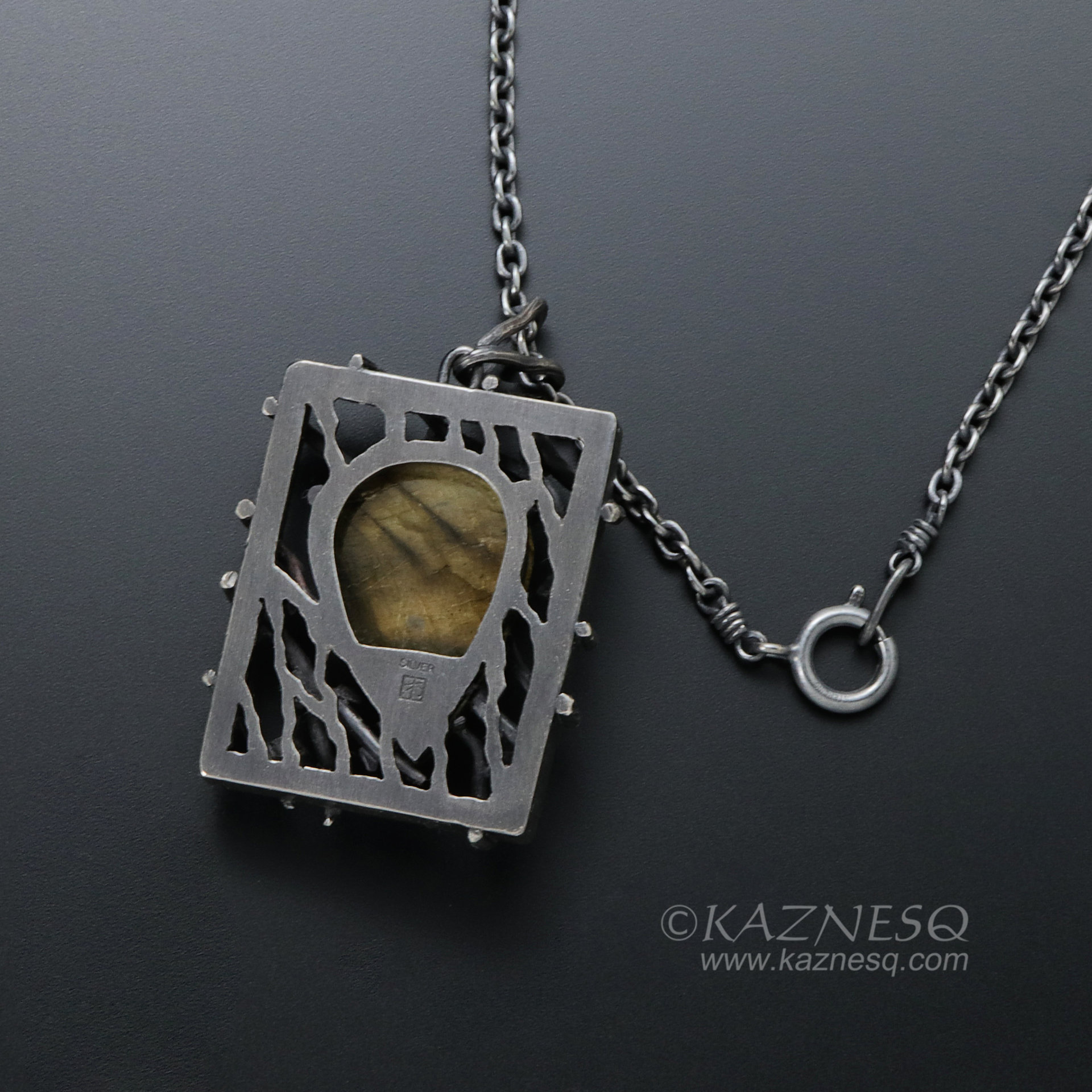 (C) KAZNESQ: Yellow labradorite trapped in a bush goth oxidized silver pendant