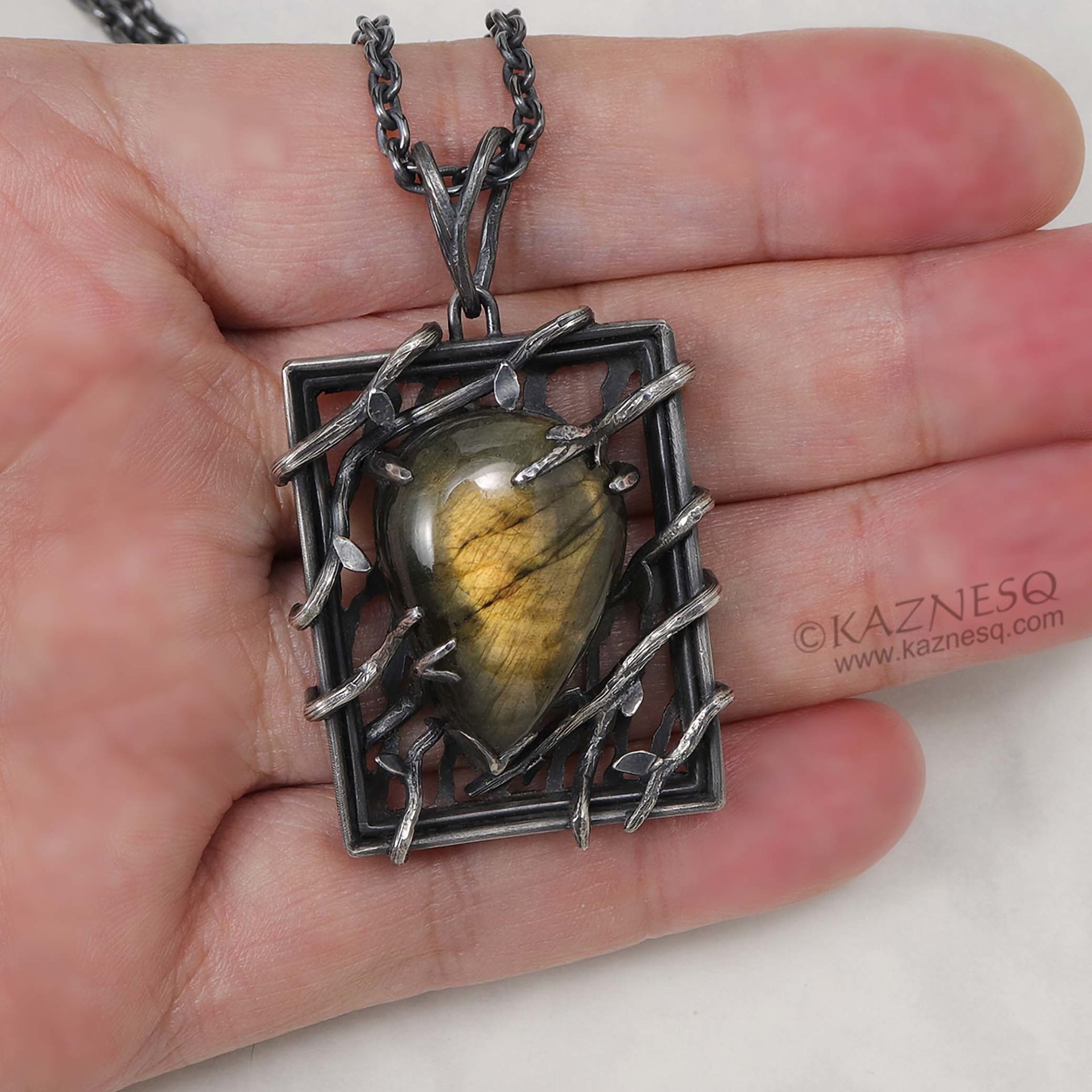 (C) KAZNESQ: Yellow labradorite trapped in a bush goth oxidized silver pendant