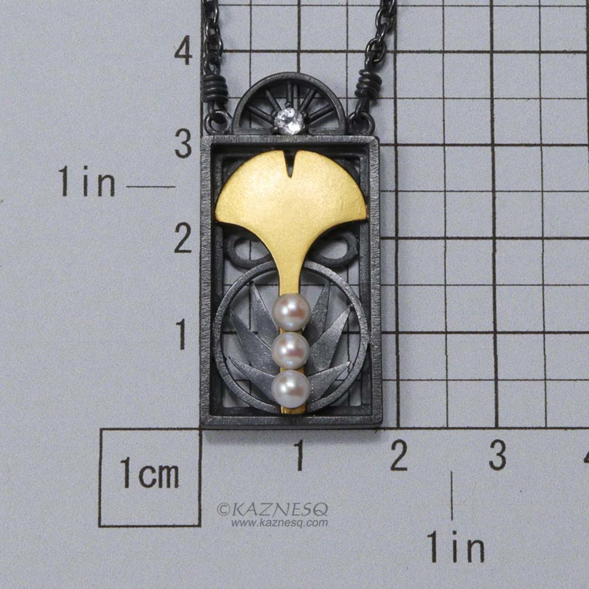 Art Deco style ginkgo Keum Boo necklace with akoya and white topaz