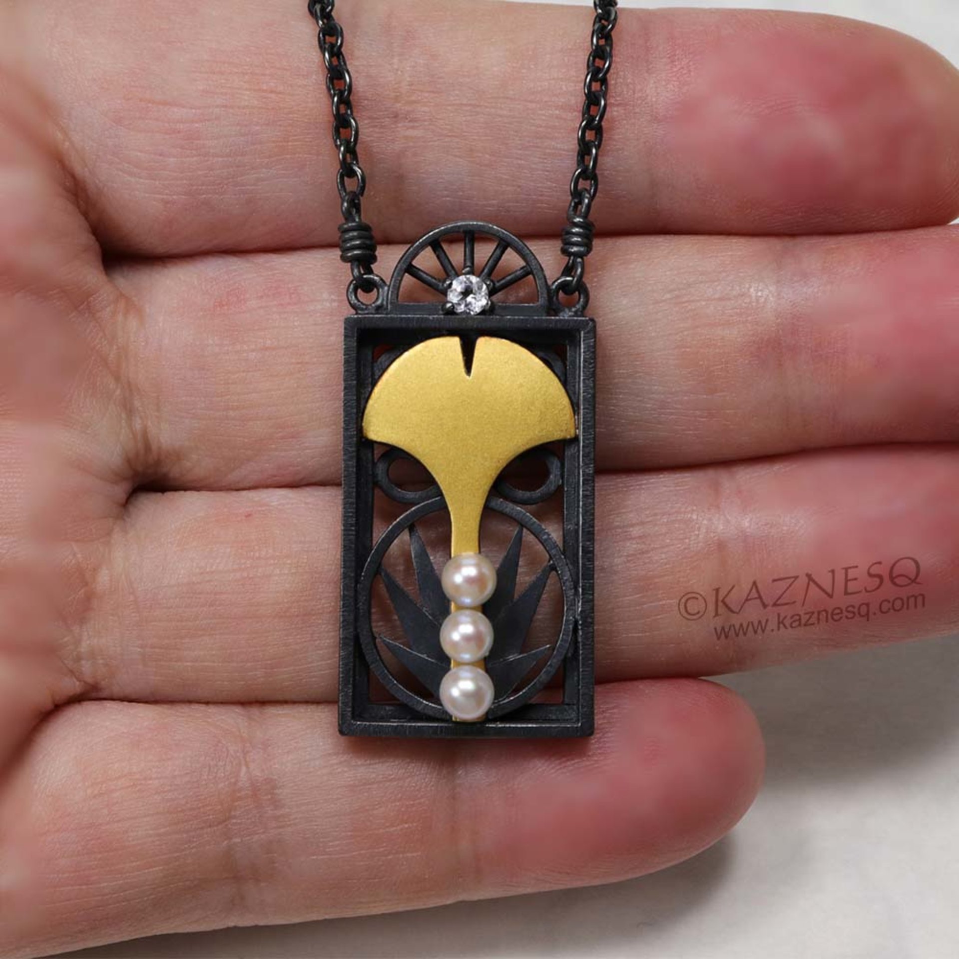 Art Deco style ginkgo Keum Boo necklace with akoya and white topaz