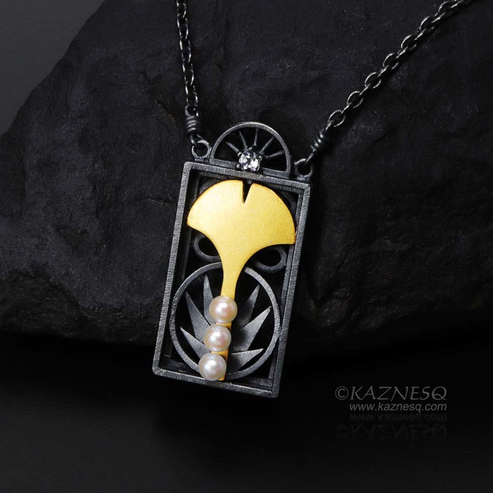 Art Deco style ginkgo Keum Boo necklace with akoya and white topaz