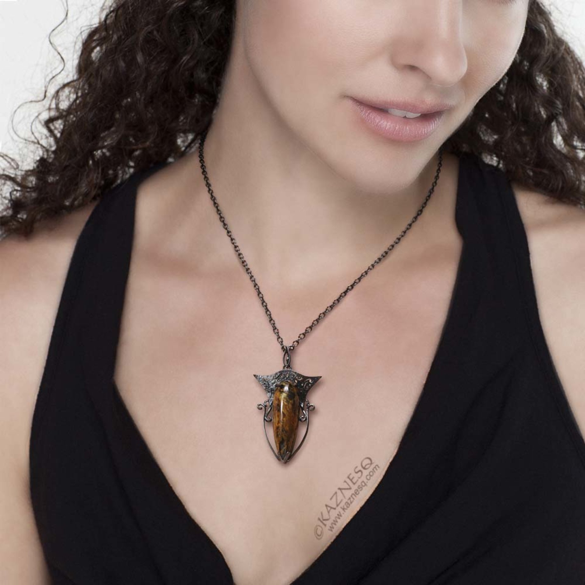 Pietersite oxidized silver openwork goth pendant necklace